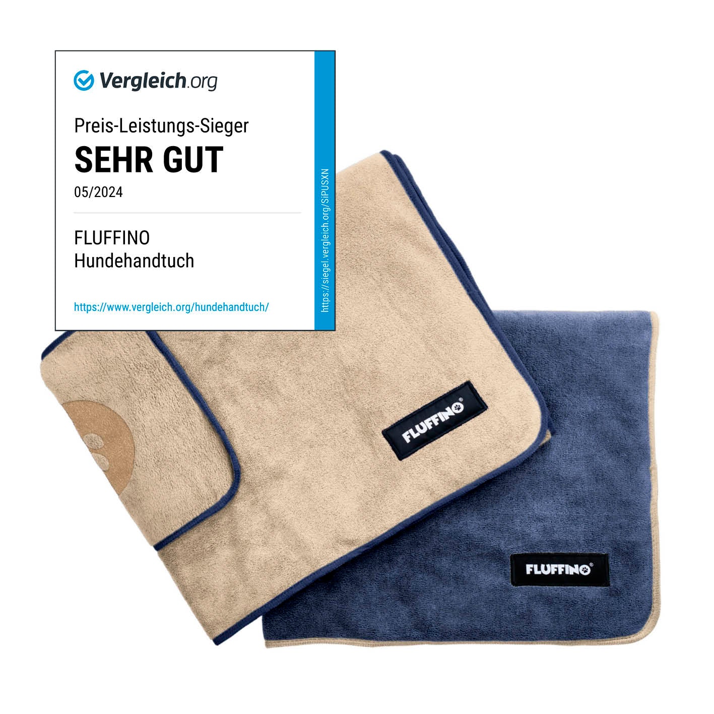Hundehandtuch Mikrofaser – 2er-Pack beige & blau, extra saugfähig, schnell trocknend, waschbar, handlich von FLUFFINO, 120 x 70 cm.