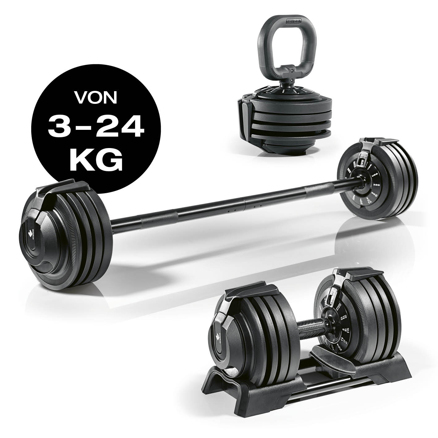 Multifunktionshantel von 3–24 kg, umbaubar als Kettlebell, Kurz- und Langhantel für vielseitiges Home-Workout by FitEngine.