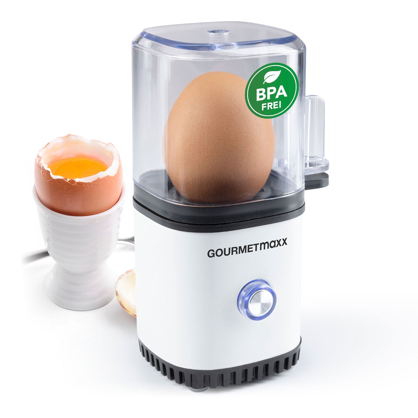 Design-Eierkocher 1 Ei - Weiß mit BPA-freiem Gehäuse, kompakt, für perfekt gekochte Eier ohne Herd oder Topf.
