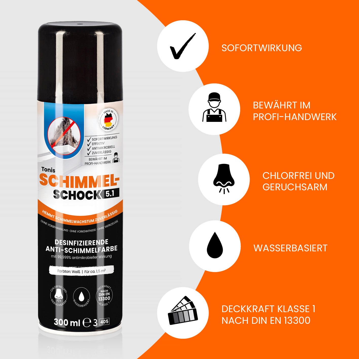 Tonis SCHIMMELSCHOCK Anti-Schimmel-Farbe 5.1 - 2er-Set, desinfizierend, chlorfrei, geruchssarm, wasserbasiert, sofortige Wirkung gegen Schimmel.