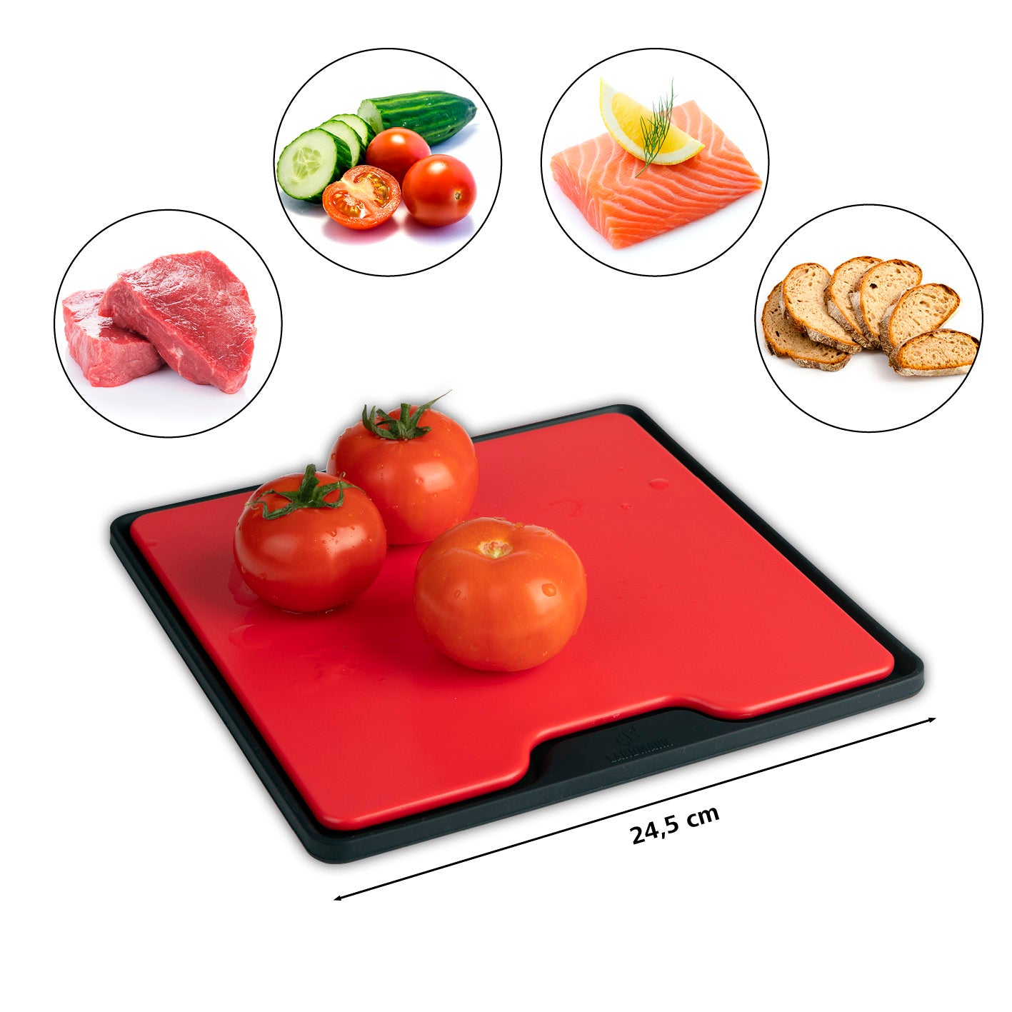 Schneidebrett mit Silikonmatte 24,5 cm, rutschfest mit integriertem Tropfschutz für Fleisch, Gemüse, Fisch und Brot.