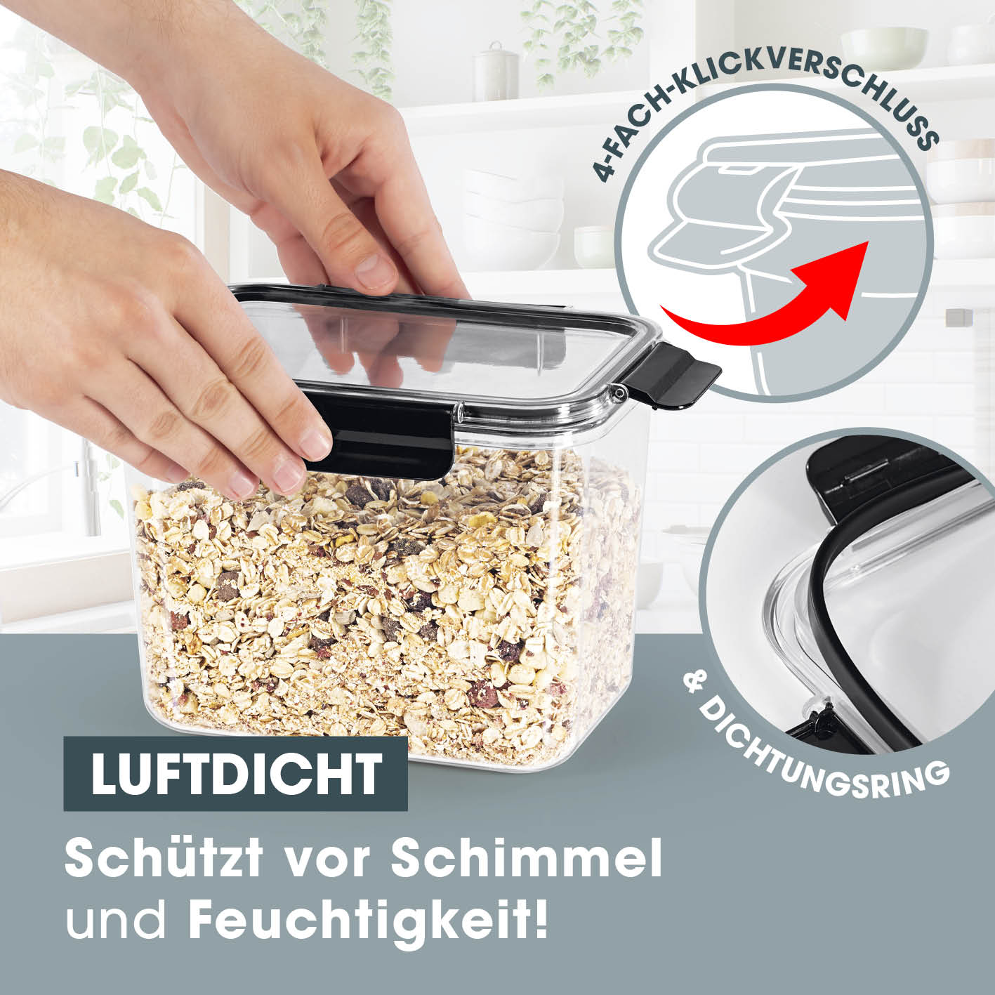 Frischhaltedosen Klick-it - 10-tlg. - Schwarz mit 4-fach-Klickverschluss und Dichtungsring, luftdicht und stapelbar.