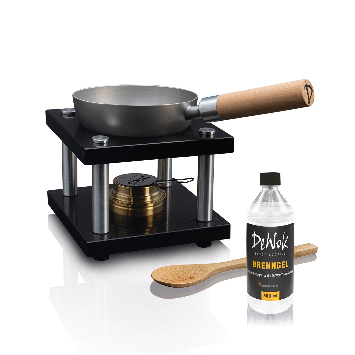 Tisch-Kochset für bis zu 2 Personen - Edelstahl/schwarz mit Pfanne, Brenner, Holzgriff und Brenngel für flexibles Kochen unterwegs.