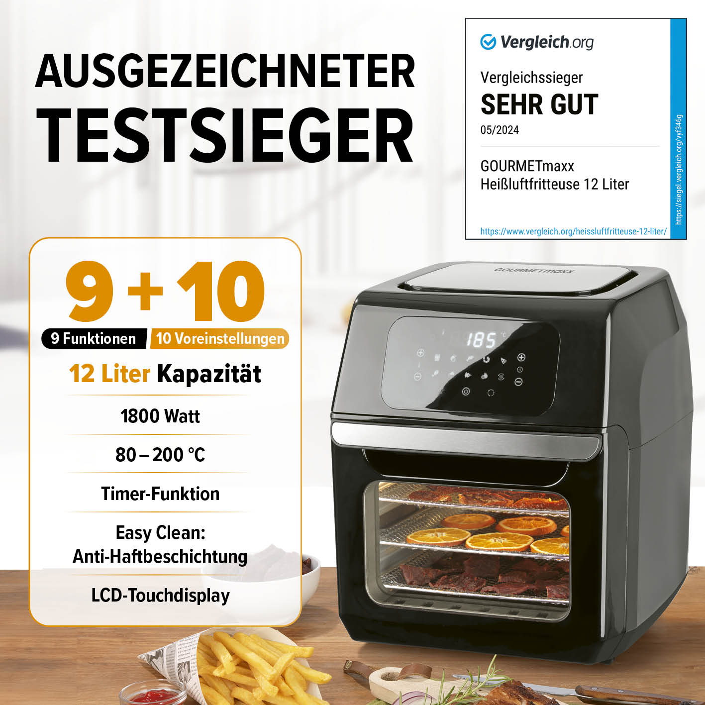Digitale Heißluftfritteuse - 12 l - Schwarz mit 9 Funktionen, 10 Programmen, LCD-Touchdisplay und 1800 Watt Leistung.