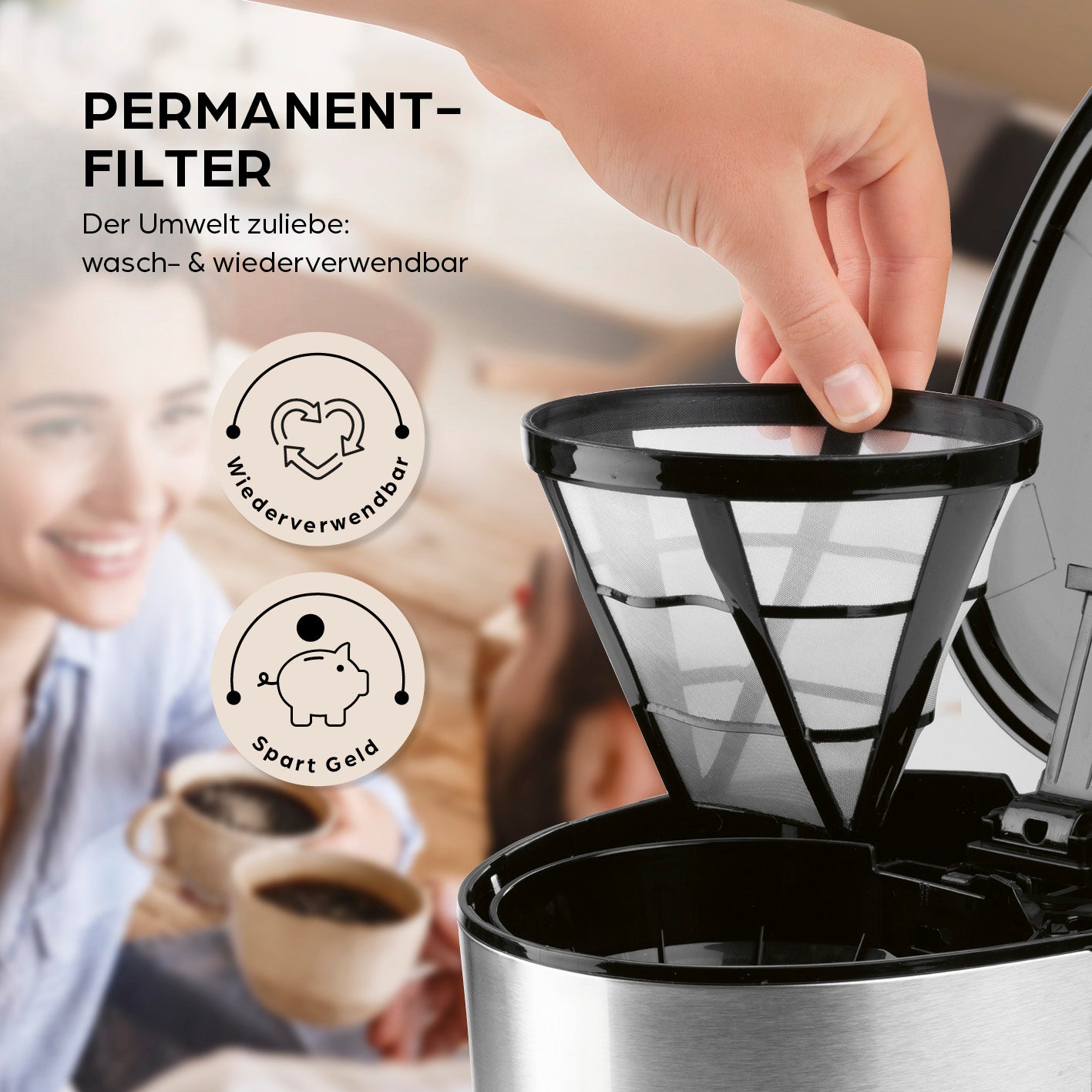 Filterkaffeemaschine mit waschbarem Permanentfilter für einfachen, nachhaltigen Kaffeegenuss ohne Filternachkauf.