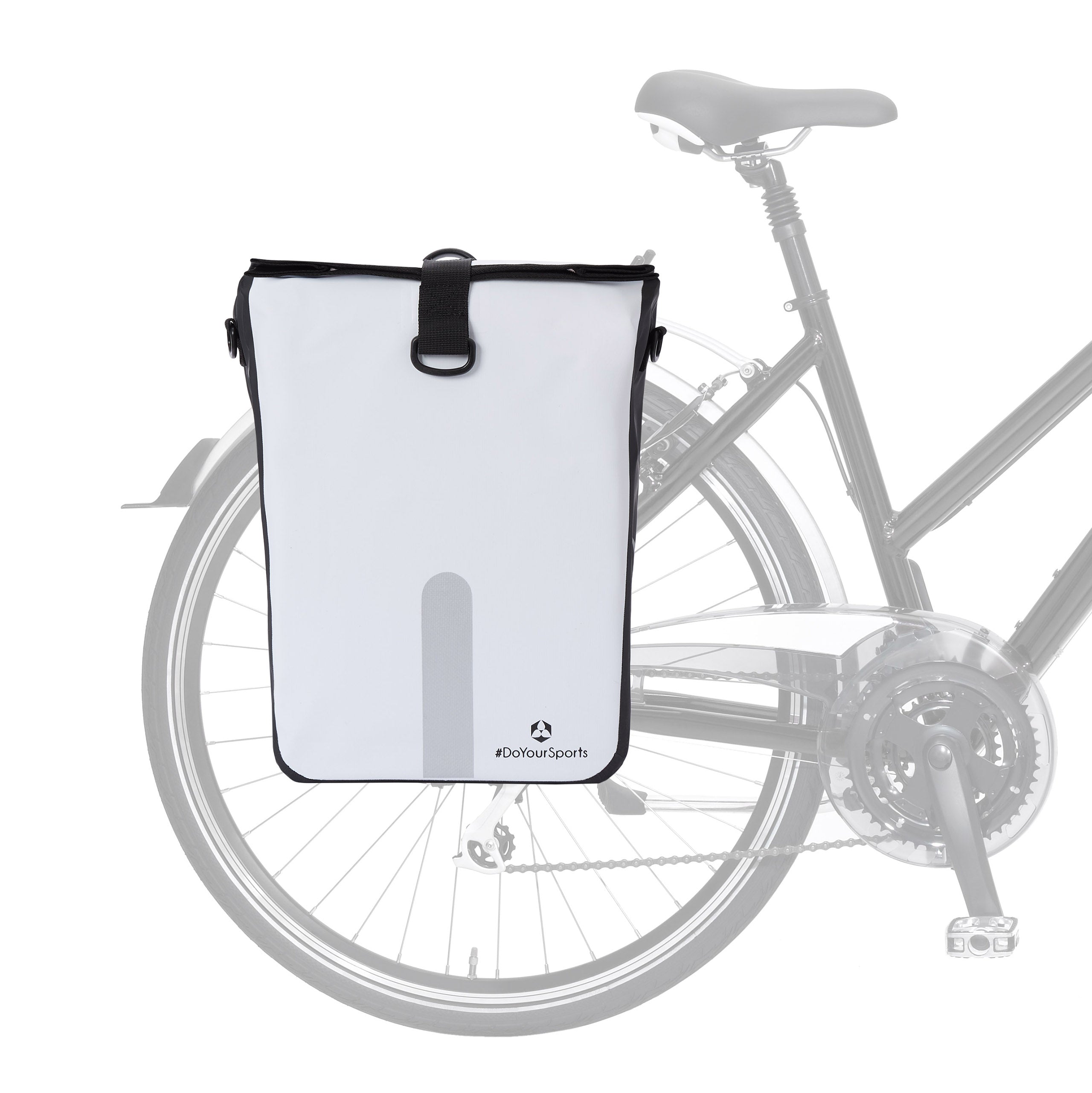 Wasserdichte Fahrradtasche Roll-Top - 21 L - Weiß, reflektierend, 3-in-1 nutzbar, mit Schnellverbindungssystem und Schultergriff.