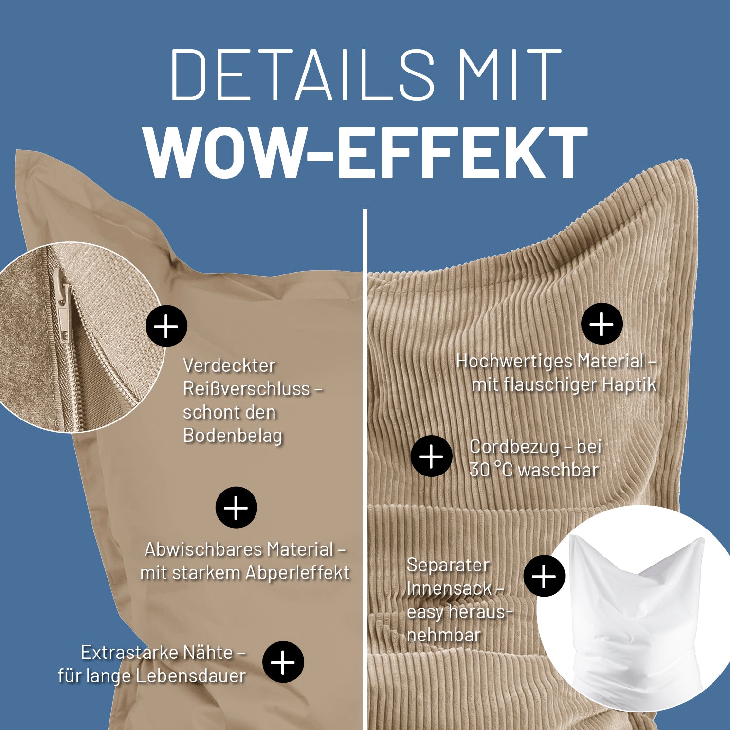 Sitzsack Classic XXL All-in-One Set - 380 L - 140 x 180 cm - Beige mit waschbarem Cordbezug und verstecktem Reißverschluss für Indoor und Outdoor.