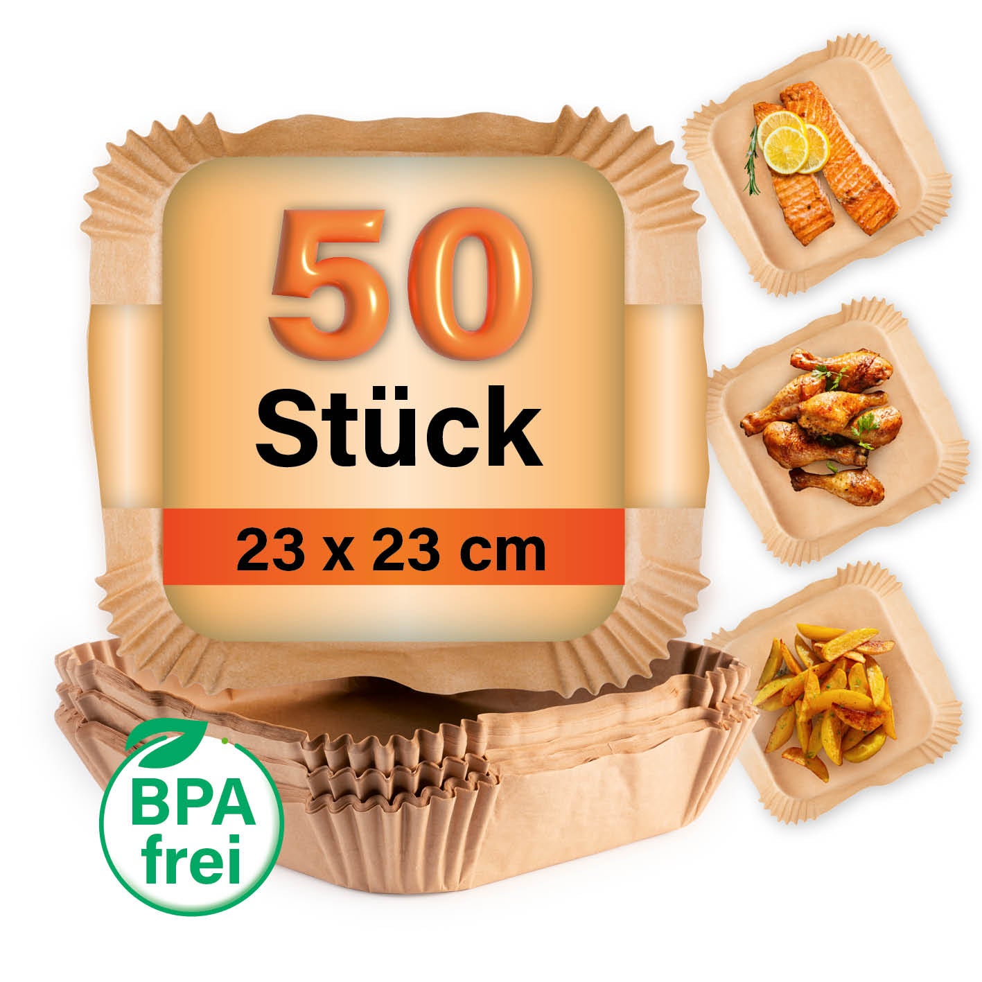 Backpapierschalen für Heißluftfritteusen (5–8 l) 50 Stück 23x23x4,5 cm, hitzebeständig, antihaftbeschichtet, BPA-frei.