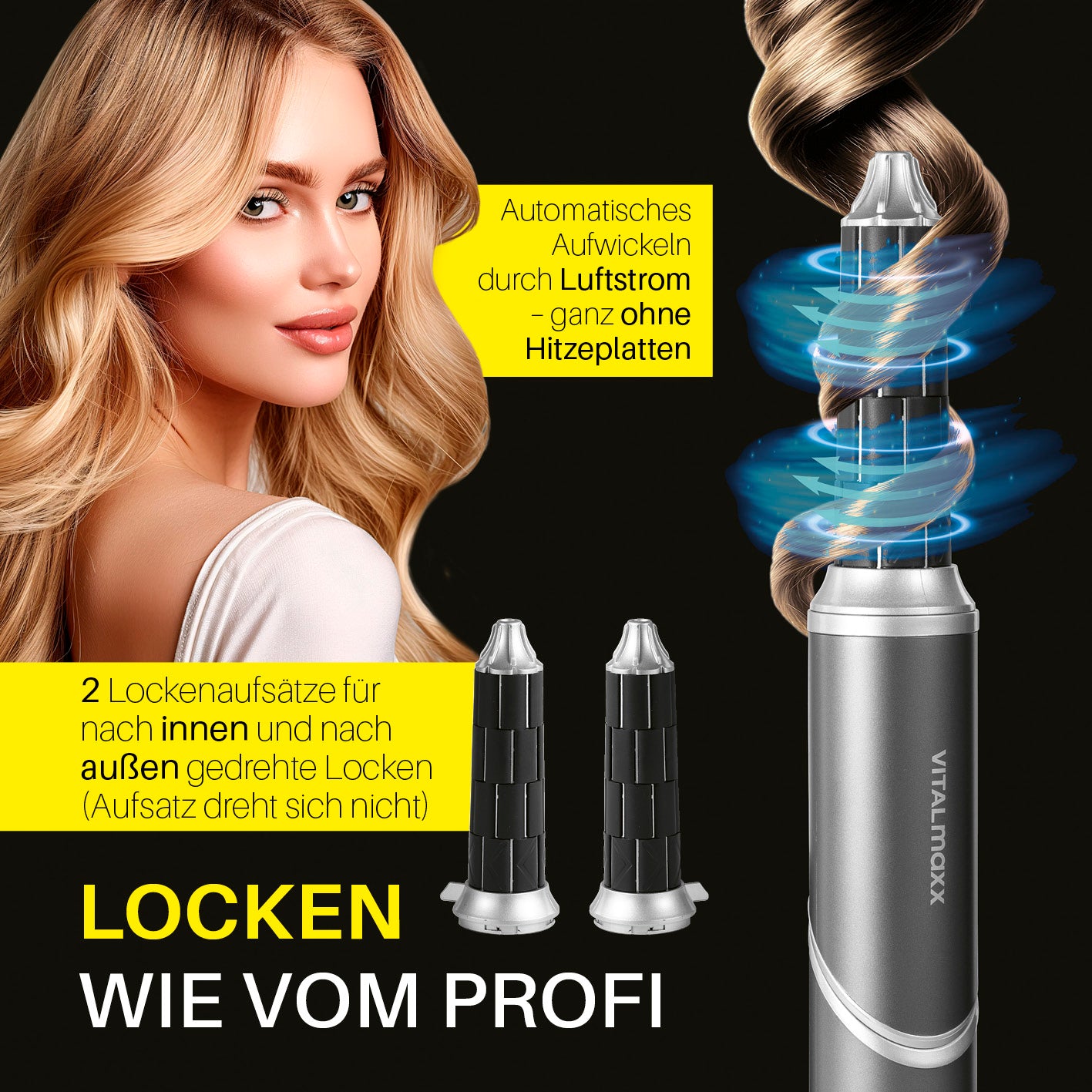 Hairstyler Flex mit automatischem Lockenwickler und zwei Aufsätzen für innen- und außen gedrehte Locken ohne Hitzeschäden.
