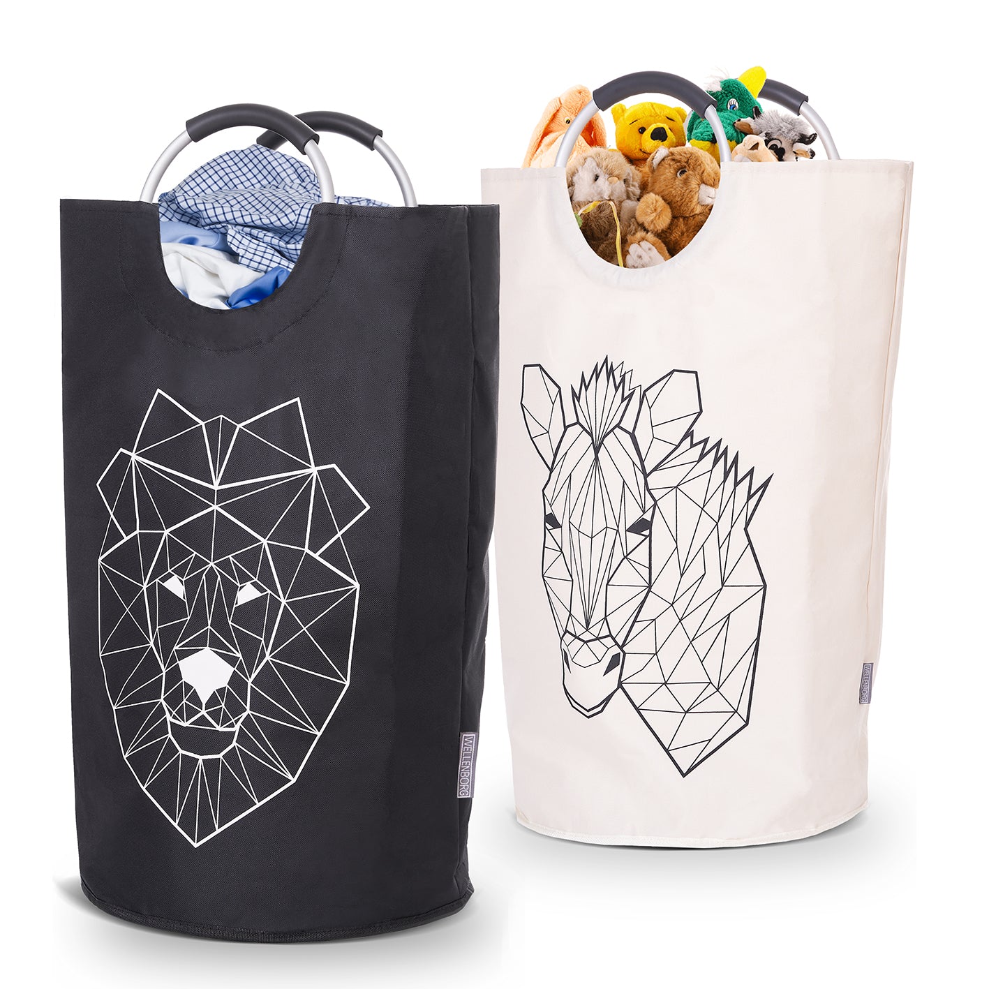 Faltbarer Wäschekorb - 2er Set - Motiv Löwe & Zebra, wasserabweisend, faltbar, mit robusten Henkeln, ideal als Wäsche- und Spielzeugkorb.