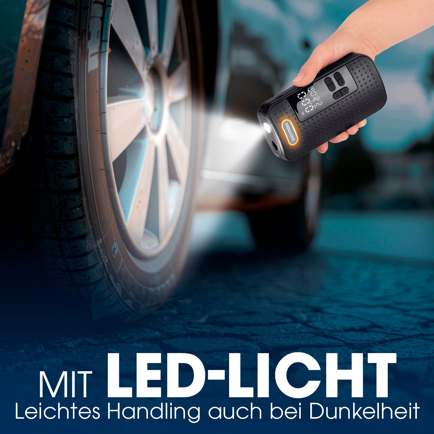Akku-Handkompressor mit LED-Licht für einfaches Aufpumpen von Autoreifen bei Dunkelheit, kabellos und kompakt für unterwegs.