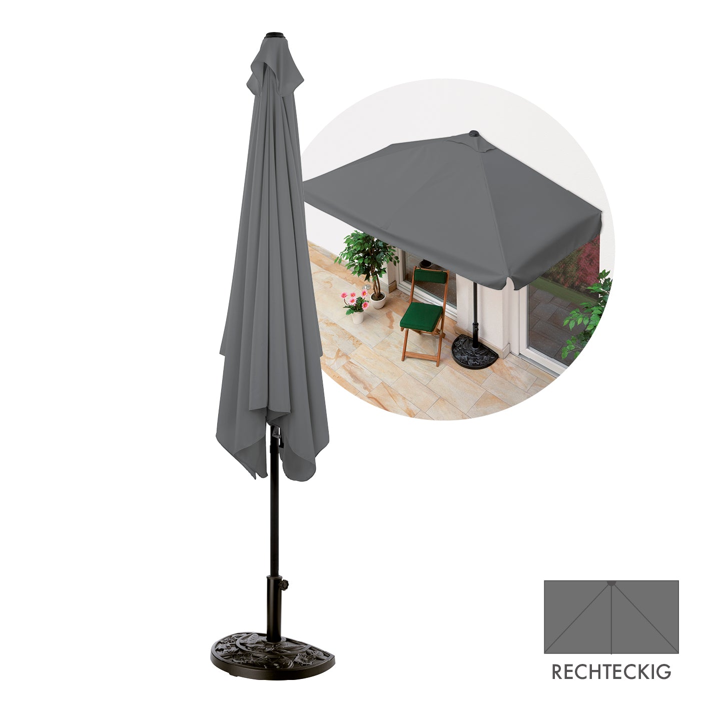 Sonnenschirm mit UV-Schutz mit Sonnenschirmfuß - rechteckig 230 x 140 cm - grau, ideal für Balkon und Terrasse.