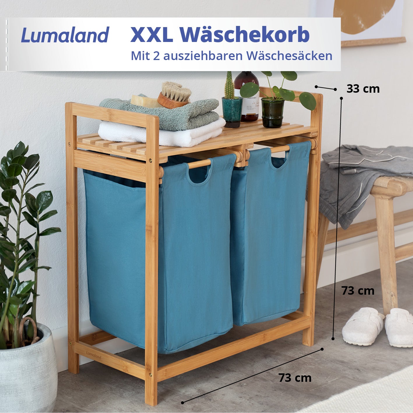 Bambus Wäschekorb mit 2 ausziehbaren Wäschesacken, 73 x 64 x 33 cm, blau, stilvoll, praktisch und pflegeleicht.