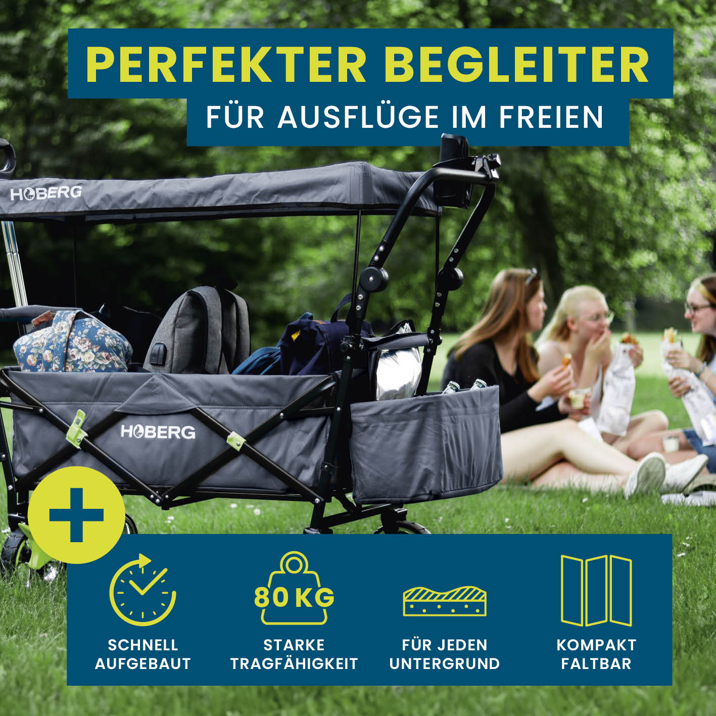 Faltbarer Bollerwagen - Grau von HOBERG, robust, faltbar, 80 kg Tragfähigkeit, mit wasserfestem Dach, ideal für Ausflüge im Freien.
