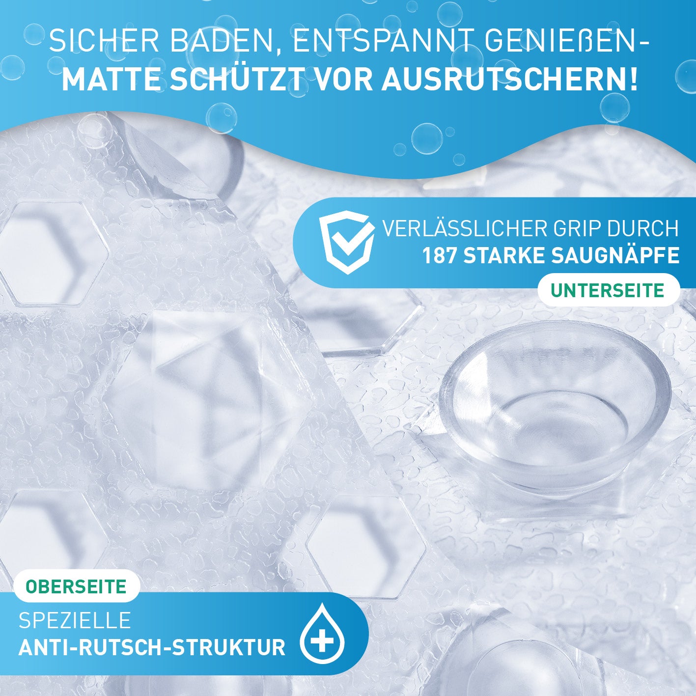 Badewannenmatte 88 x 40 cm – Transparent mit Anti-Rutsch-Struktur und 187 starken Saugnäpfen für sicheren Halt beim Baden.
