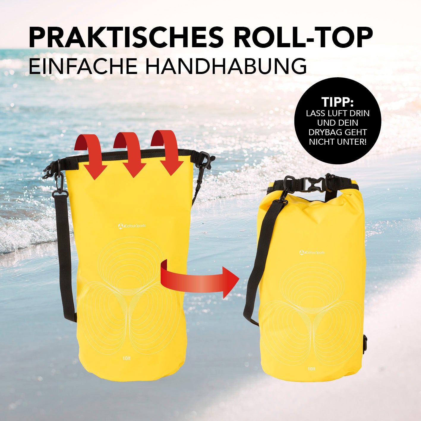 Dry Bag 10L - Gelb mit praktischem wasserdichtem Rolltop-Verschluss, ideal für Outdoor-Abenteuer und sicheren Schutz von Wertsachen.