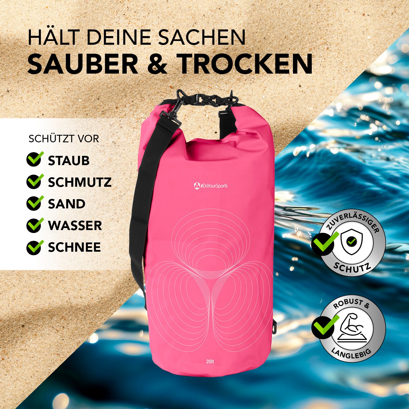 Dry Bag 20L - Pink wasserdichter, robuster Outdoor-Rucksack schützt vor Staub, Sand, Wasser und Schnee, hält Sachen sauber und trocken.
