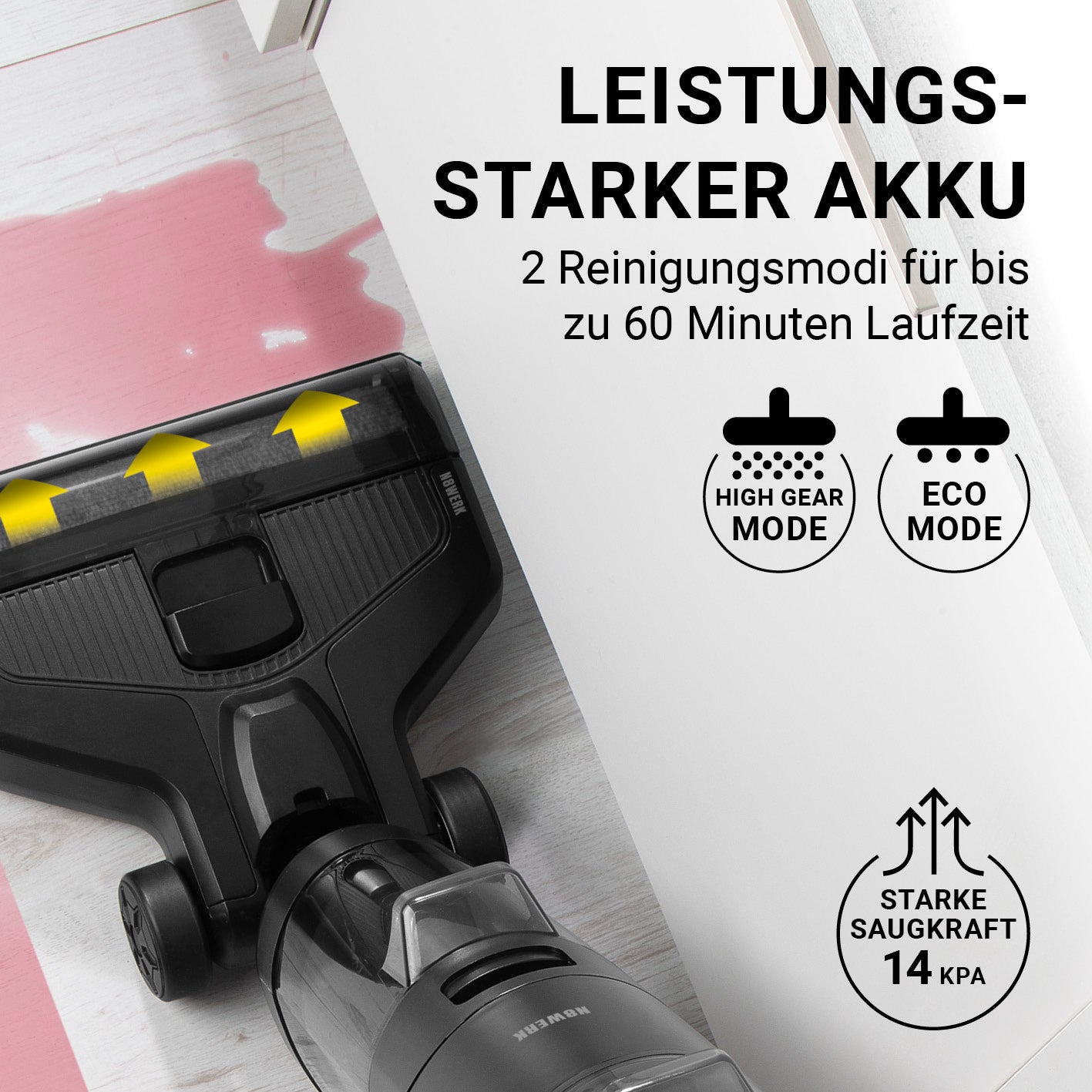 Saugwischer Smart Clean 3in1 mit starkem Akku, 2 Reinigungsmodi und bis zu 60 Minuten Laufzeit für effizientes Saugen und Wischen.