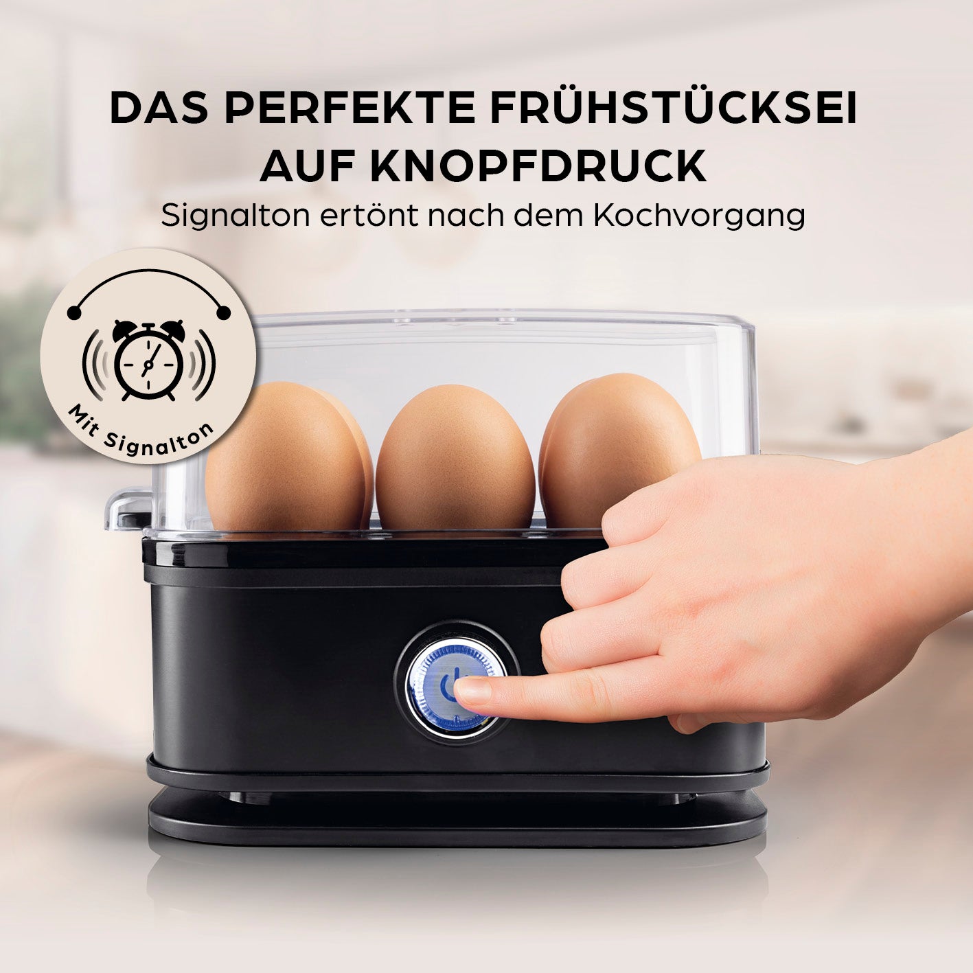 Design-Eierkocher 6 Eier - Schwarz mit Signalton für perfekte Frühstückseier per Knopfdruck und sicherem Eierstecher für alle Größen.