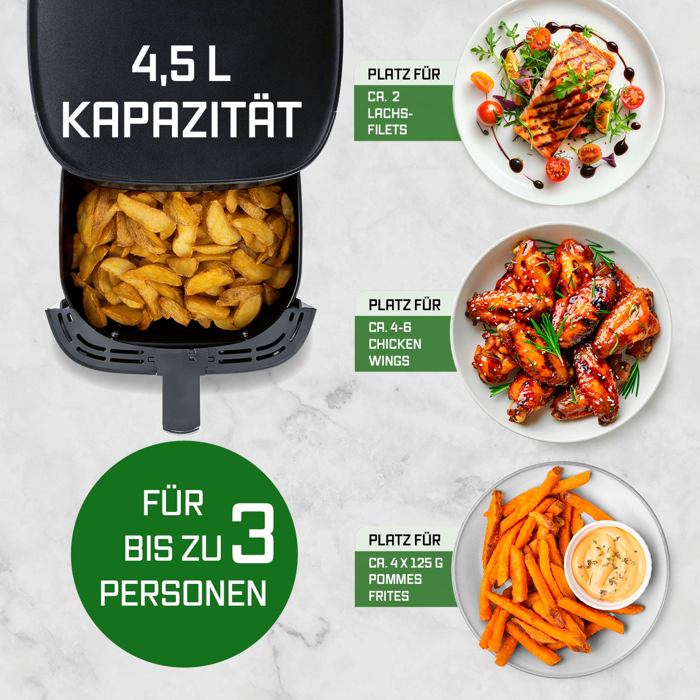 Heißluftfritteuse - 4,5 Liter mit großer Kapazität für bis zu 3 Personen, ideal für Pommes, Chicken Wings und Lachsfilets.