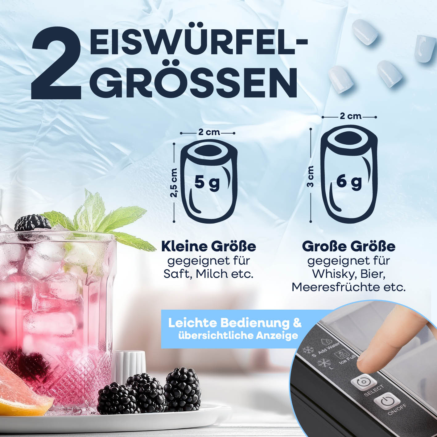 Eiswürfelmaschine inkl. Auffangbehälter & Eisschaufel mit 2 Eiswürfelgrößen, einfache Bedienung und übersichtliche Anzeige.