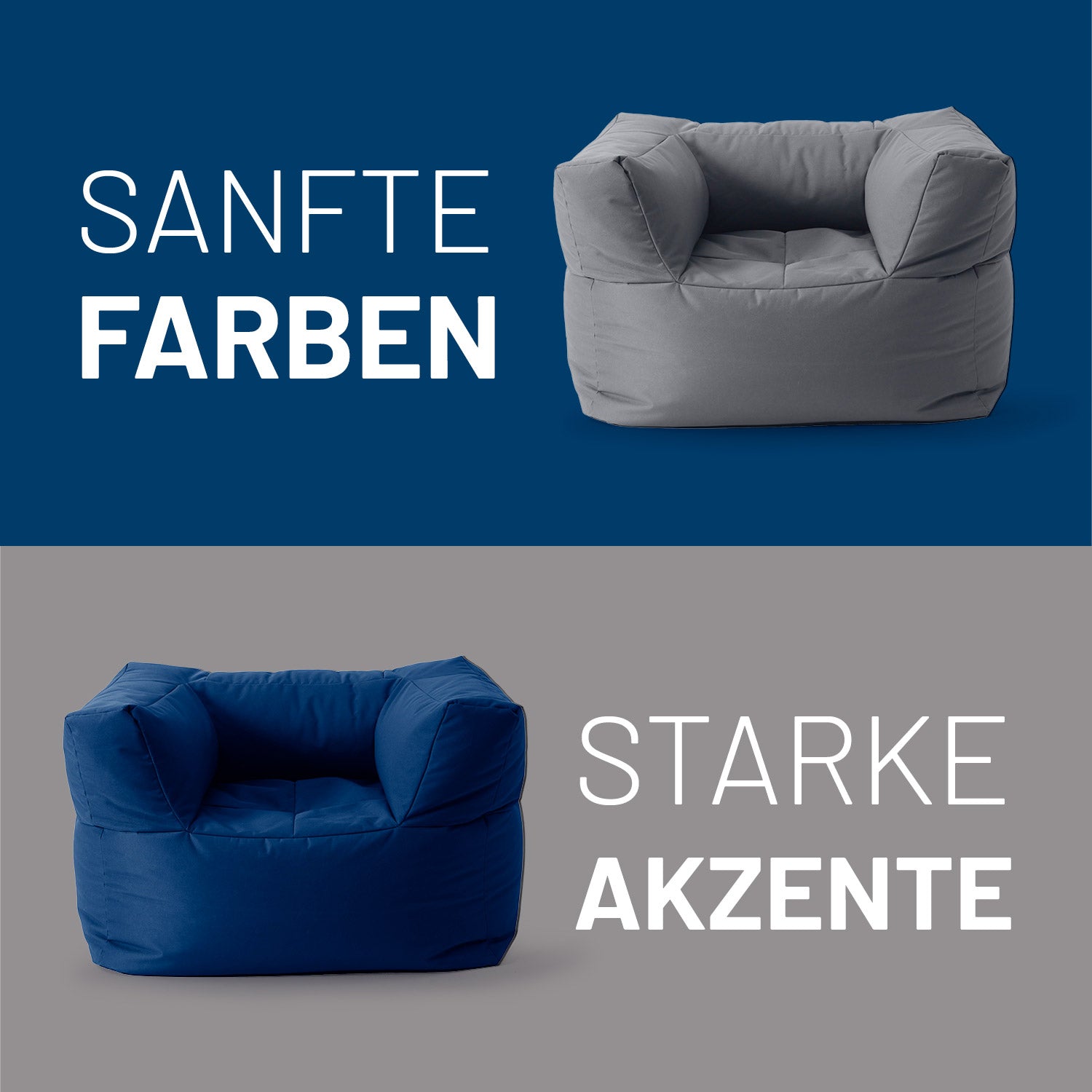 Sitzsack-Sofa Sessel (400 L) - Modulares System - indoor & outdoor - Navyblau in sanften und kräftigen Farbakzenten dargestellt.