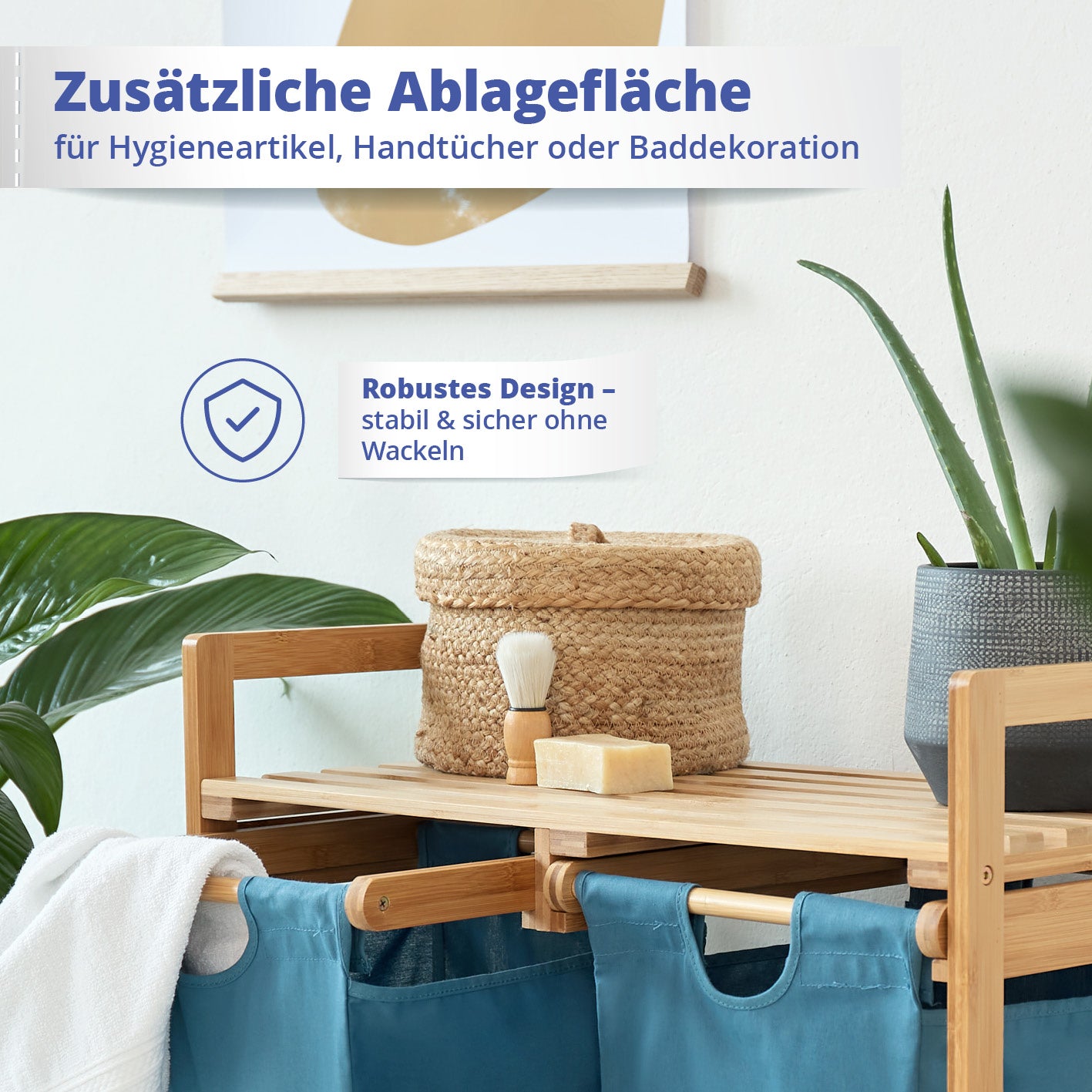 Bambus Wäschekorb mit 2 ausziehbaren blauen Wäschesäcken, 73 x 64 x 33 cm, mit zusätzlicher Ablagefläche und robustem Design.
