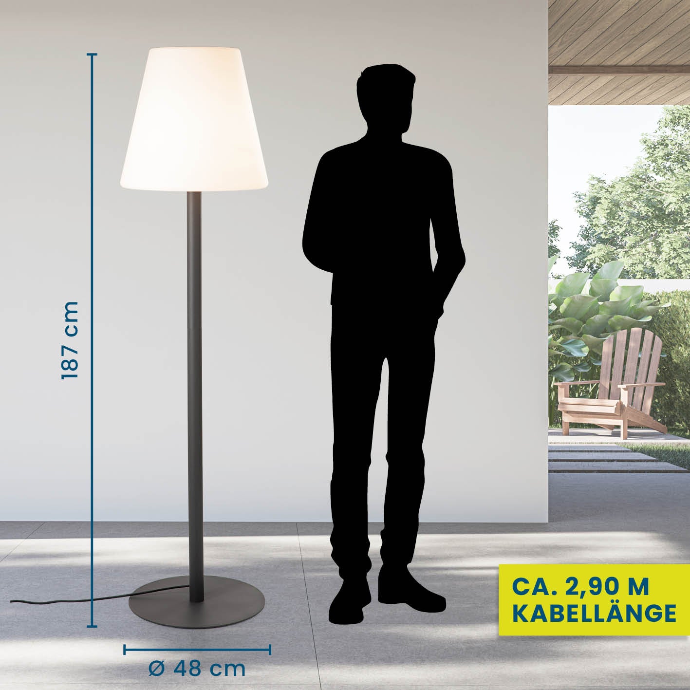 LED-Standleuchte dimmbar - 187 cm - schwarz/weiß, wetterbeständig, 3-Stufen-Dimmung, ideal für Balkon und Terrasse.