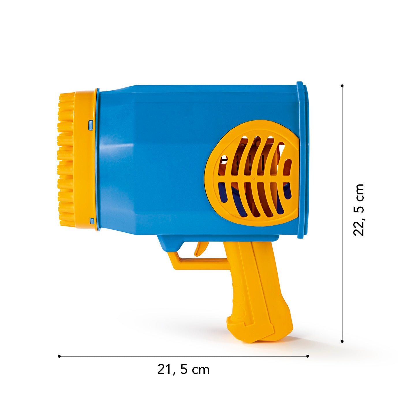 Bubble Maker / Seifenblasengerät in Blau und Gelb, Akku betrieben mit 69 Auslässen für viele bunte Seifenblasen.