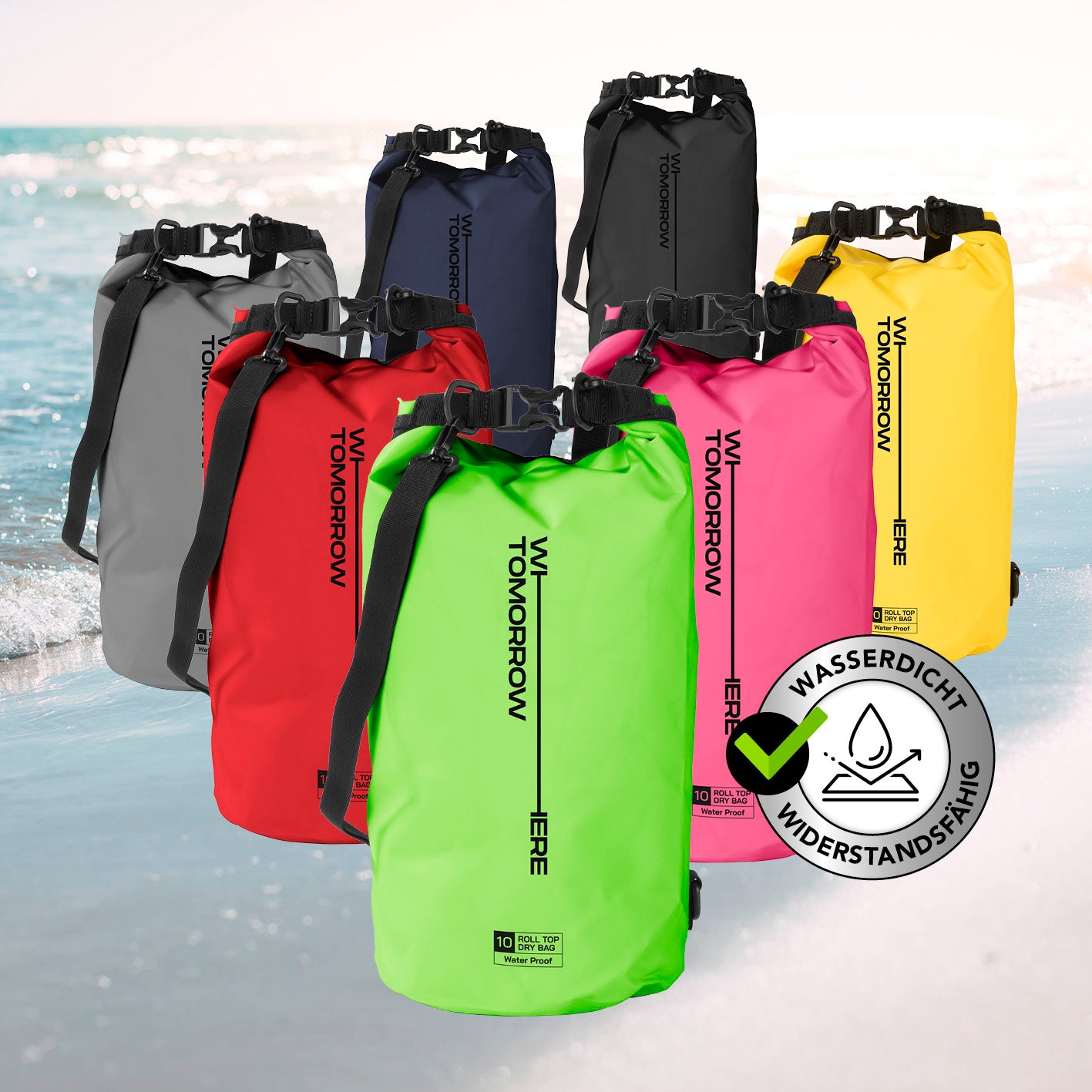 Dry Bag 10L - Style 02 - Grün, wasserdichter und robuster Outdoor-Rucksack mit Rolltop-Verschluss und verstellbarem Schultergurt.