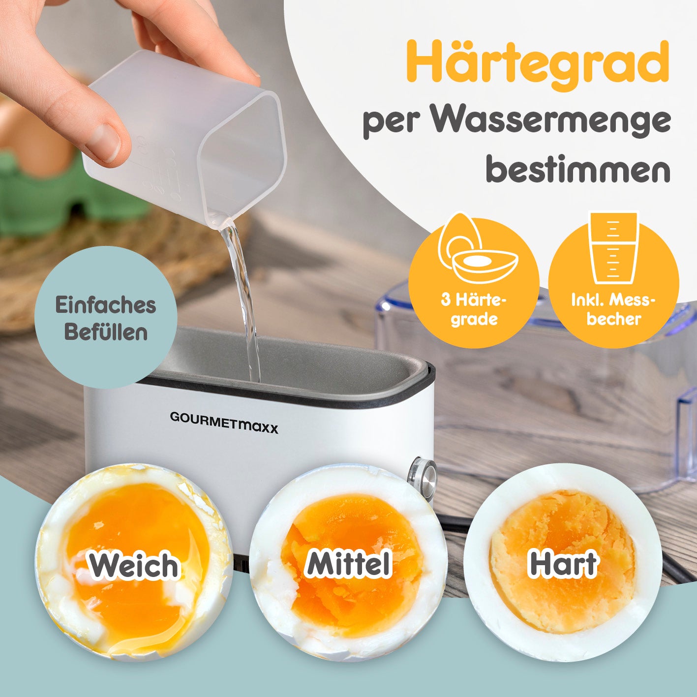 Design-Eierkocher 2 Eier - Weiß zeigt Wasserfüllen und drei Härtegrade weich, mittel und hart für perfekte Eierzubereitung.
