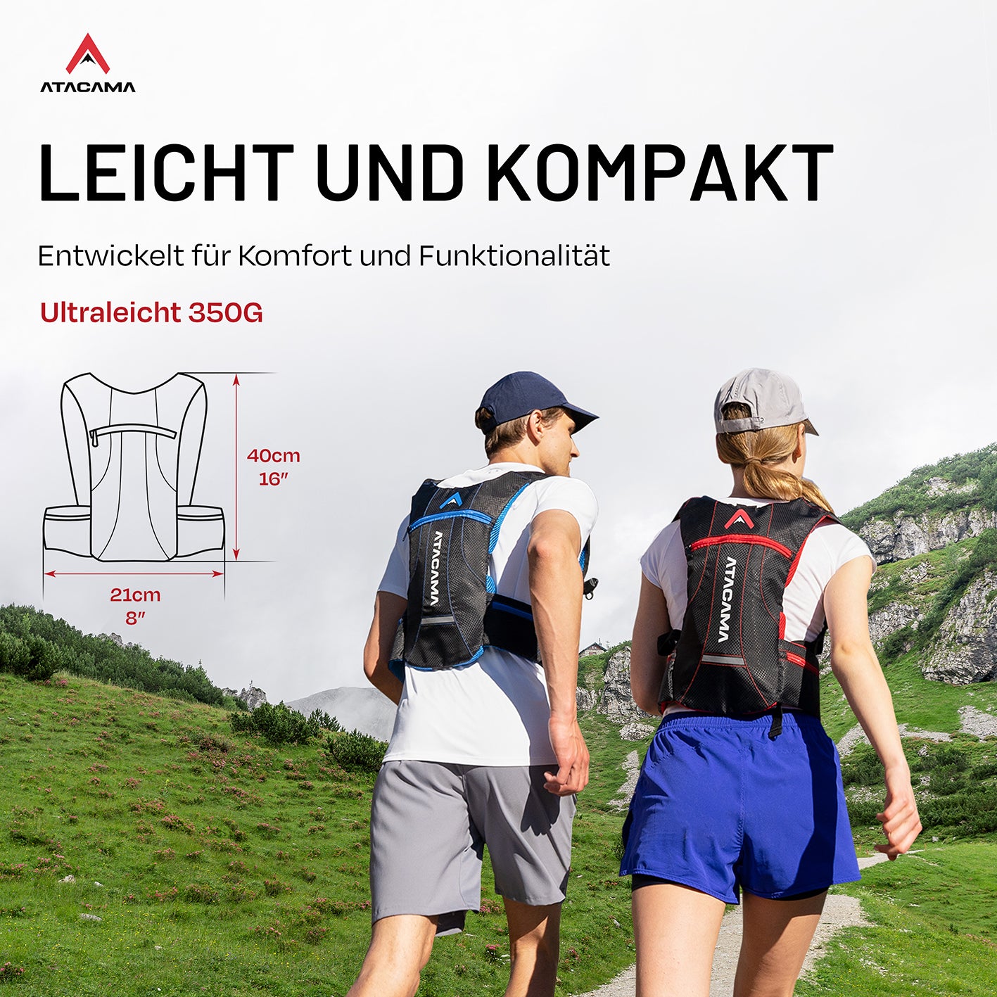 Trinkrucksack - inkl. Trinkblase 2L, leicht, kompakt, atmungsaktiv, ideal fürs Wandern, Joggen und Radfahren, 350g ultraleicht.