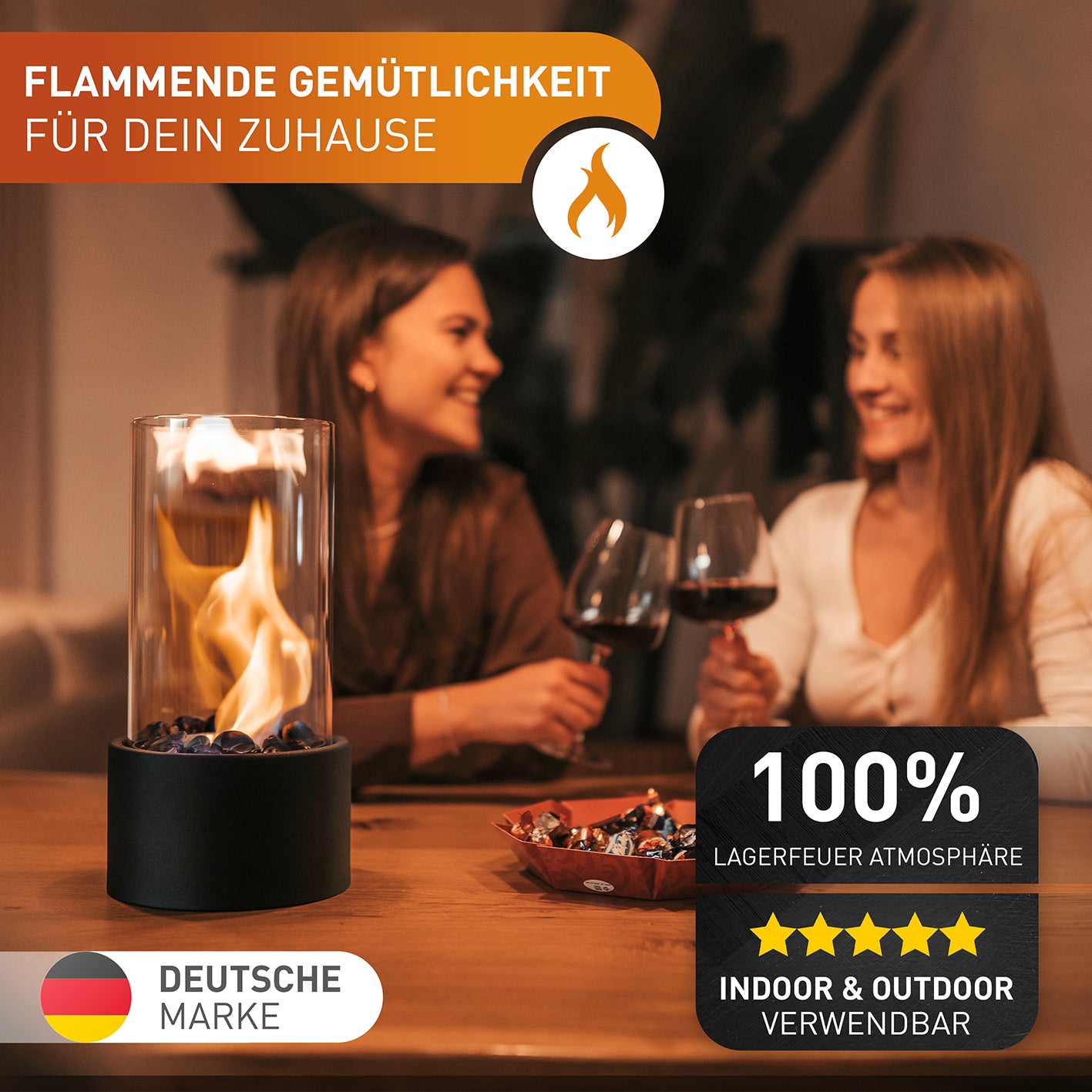 Indoor-Tischkamin - Schwarz, kompakter Ethanolkamin für gemütliche Wärme und flexible Nutzung im Wohnzimmer oder Wintergarten.
