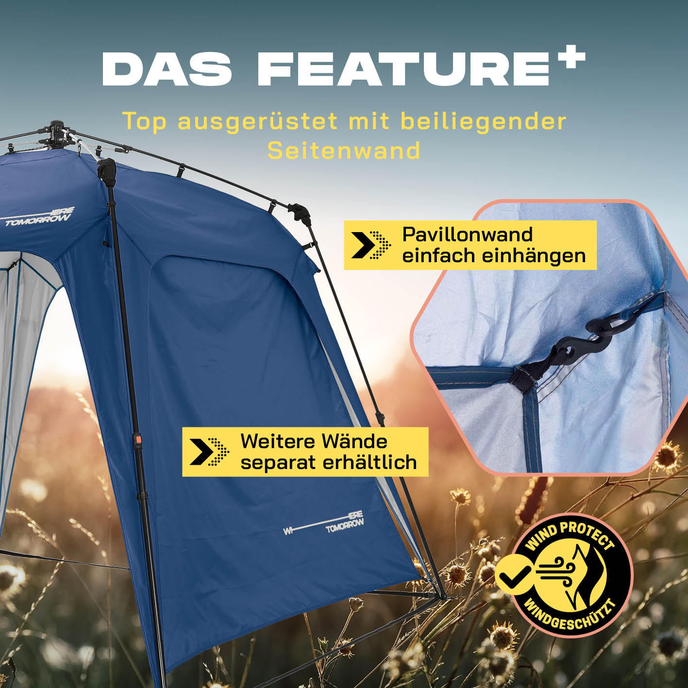 Pop up Pavillon - Blau mit beiliegender Seitenwand, windgeschützt, schnell aufbaubar, wetterfest für Outdoor-Events und Festivals.