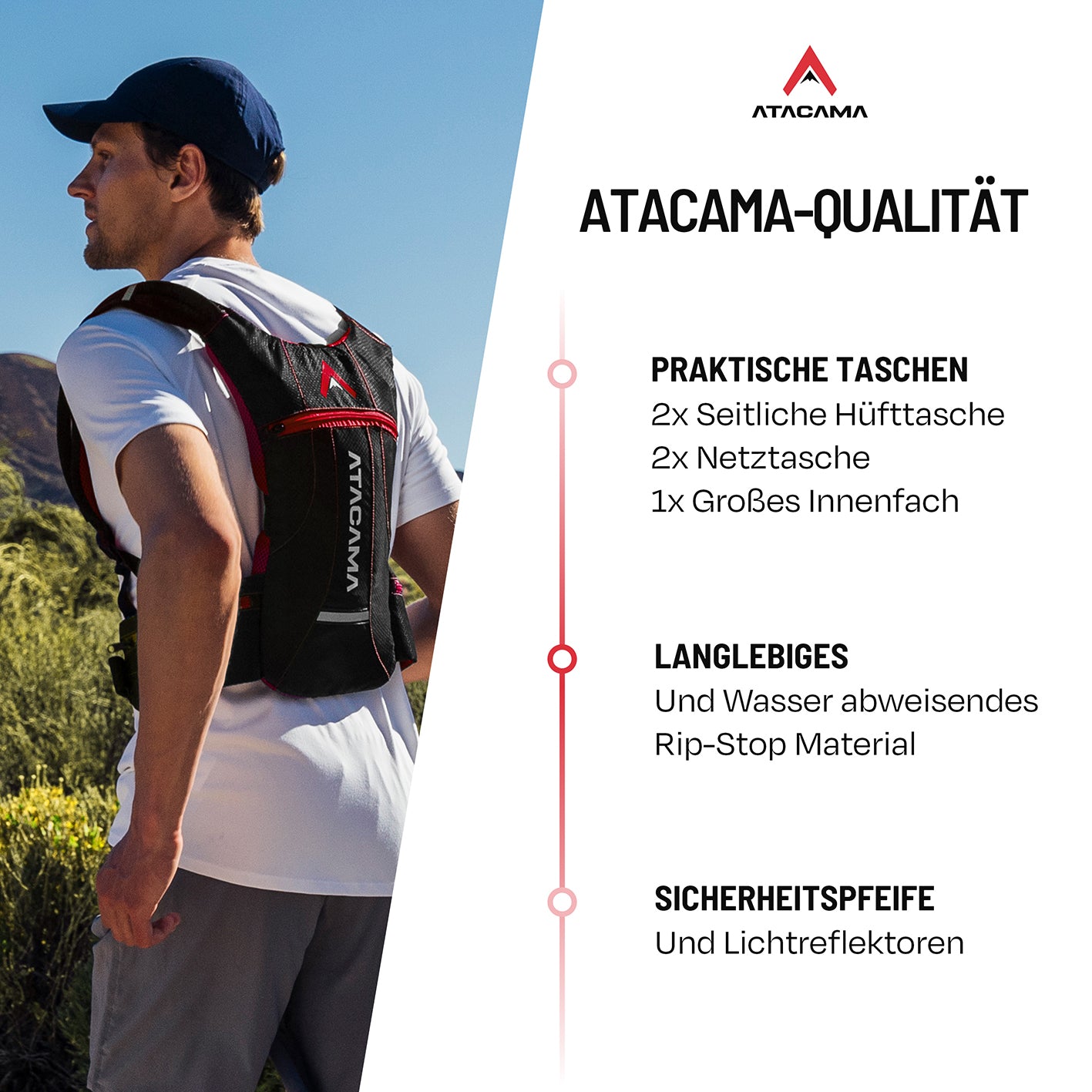 Trinkrucksack für 2 L Trinkblase - Rot mit praktischen Taschen, langlebigem Material und Sicherheitsreflektoren für Outdoor-Sportarten.