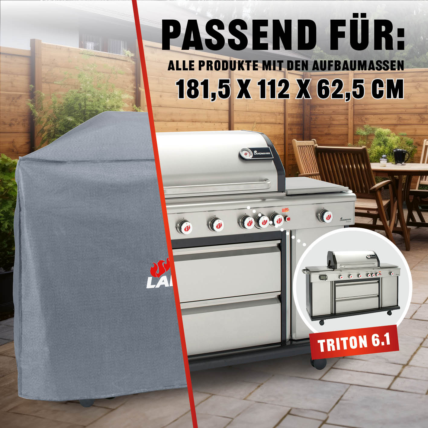 Wetterschutzhaube Premium - 181,5 x 112 x 62,5 cm - Grau, robust, wasserdicht und passend für Grillmodelle wie Triton 6.1.