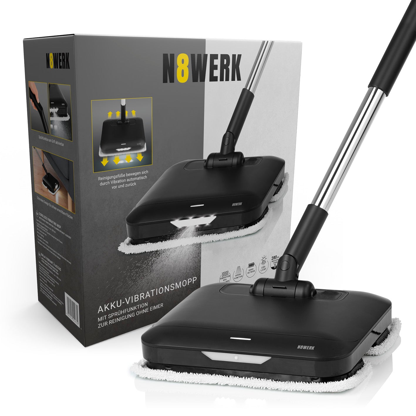 Akku-Vibrationsmopp Midnight Black Edition mit Sprühfunktion, LED-Beleuchtung und vibrationsunterstützter Bodenreinigung für alle Böden.
