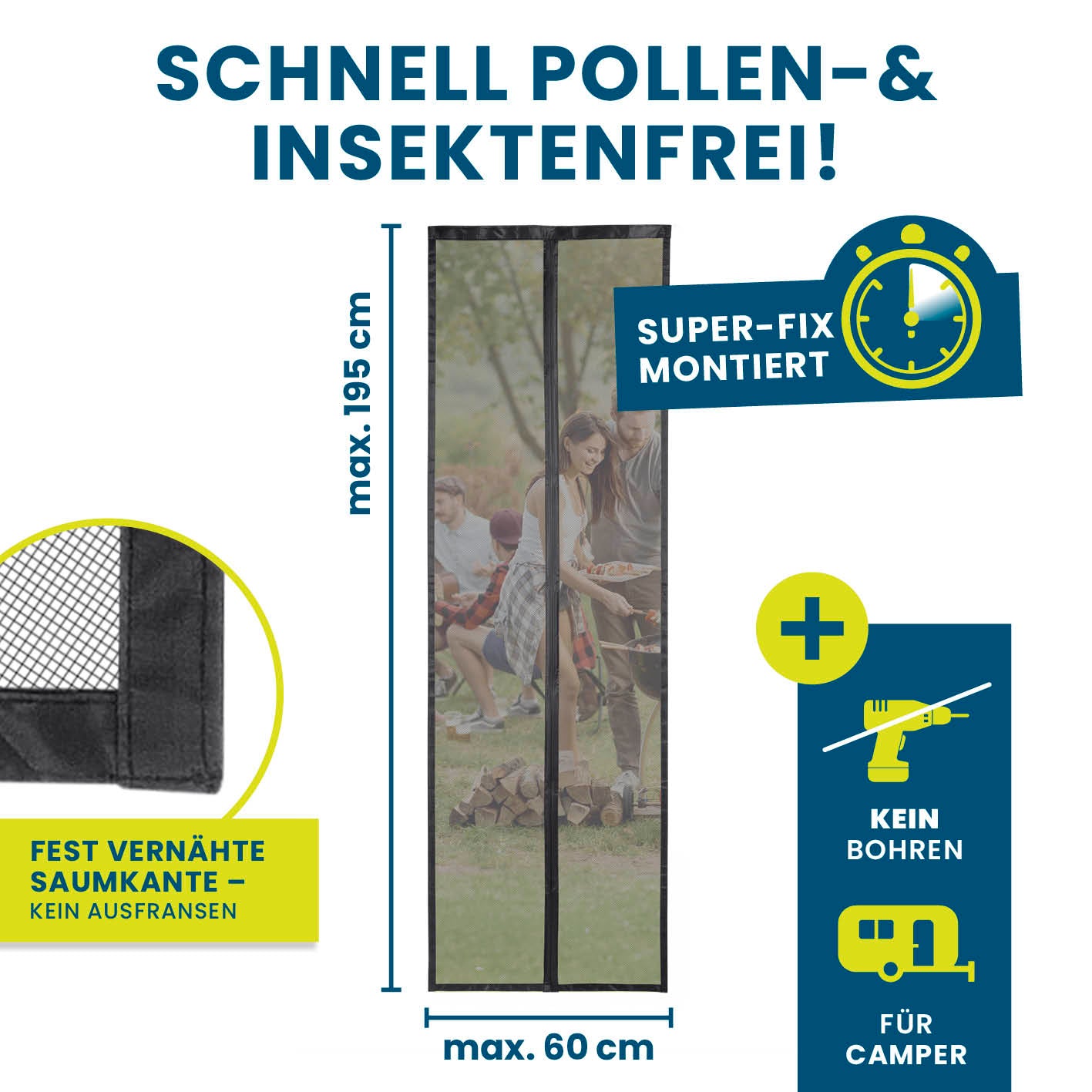 Insekten- & Pollenschutzvorhang für Wohnwagen 60x195 cm mit Magnetverschluss, pollen- und insektendicht, ideal für Camper und Allergiker.