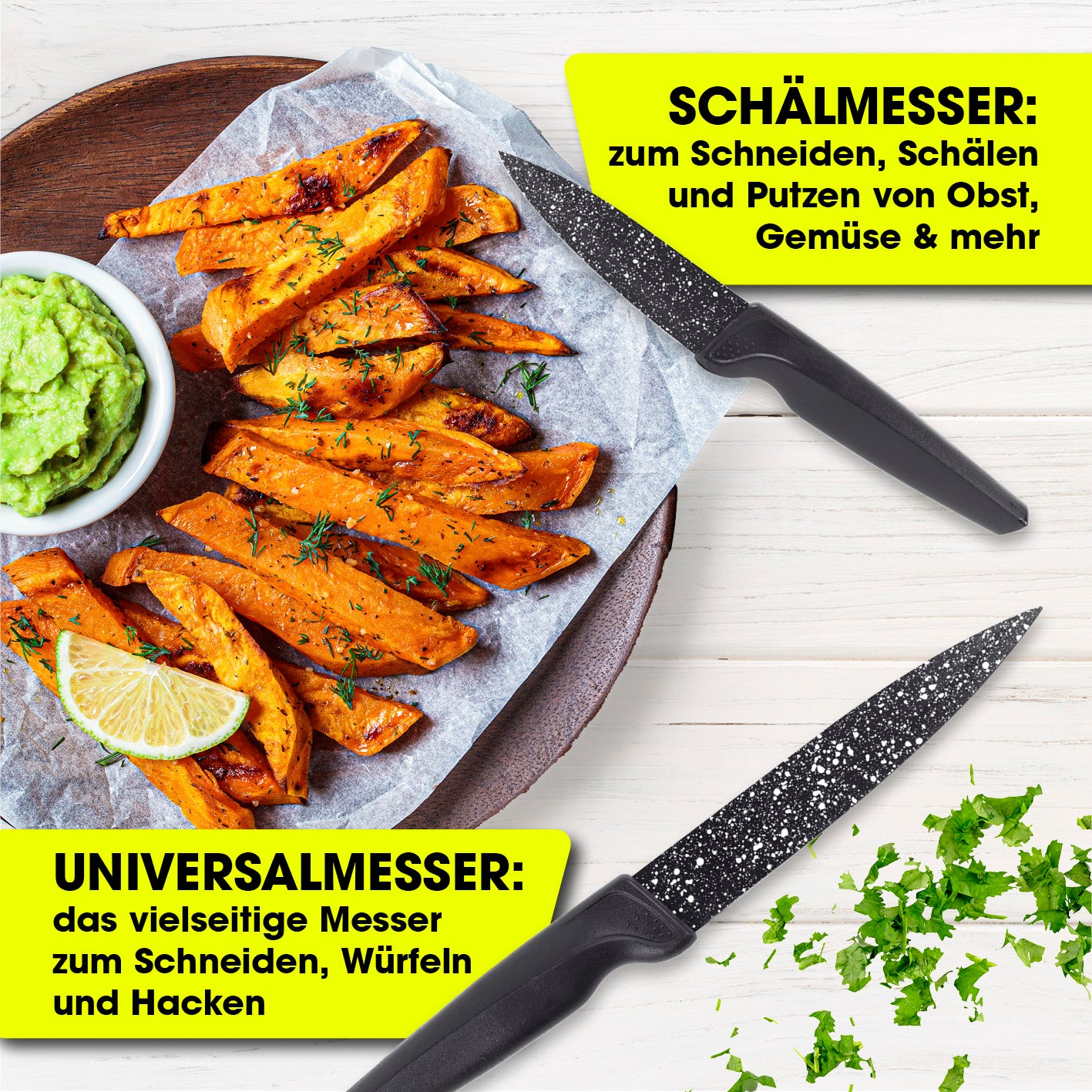 Messerset inkl. Sparschäler - 6-tlg. mit Schälmesser und Universalmesser für vielseitiges Schneiden, Schälen und Würfeln in der Küche.