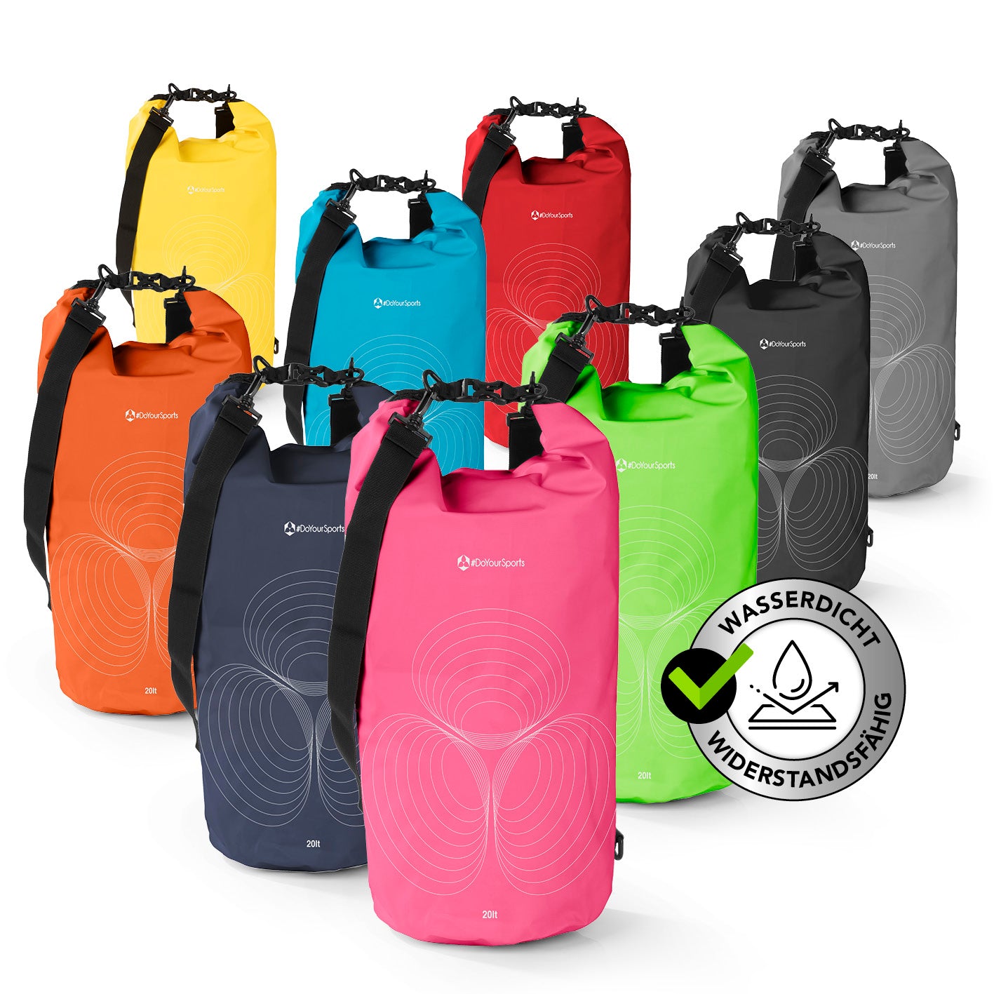 Dry Bag 20L - Pink, wasserdichter, robuster Outdoor-Rucksack mit UV-Schutz, verstellbarem Gurt und Rolltop-Verschluss.