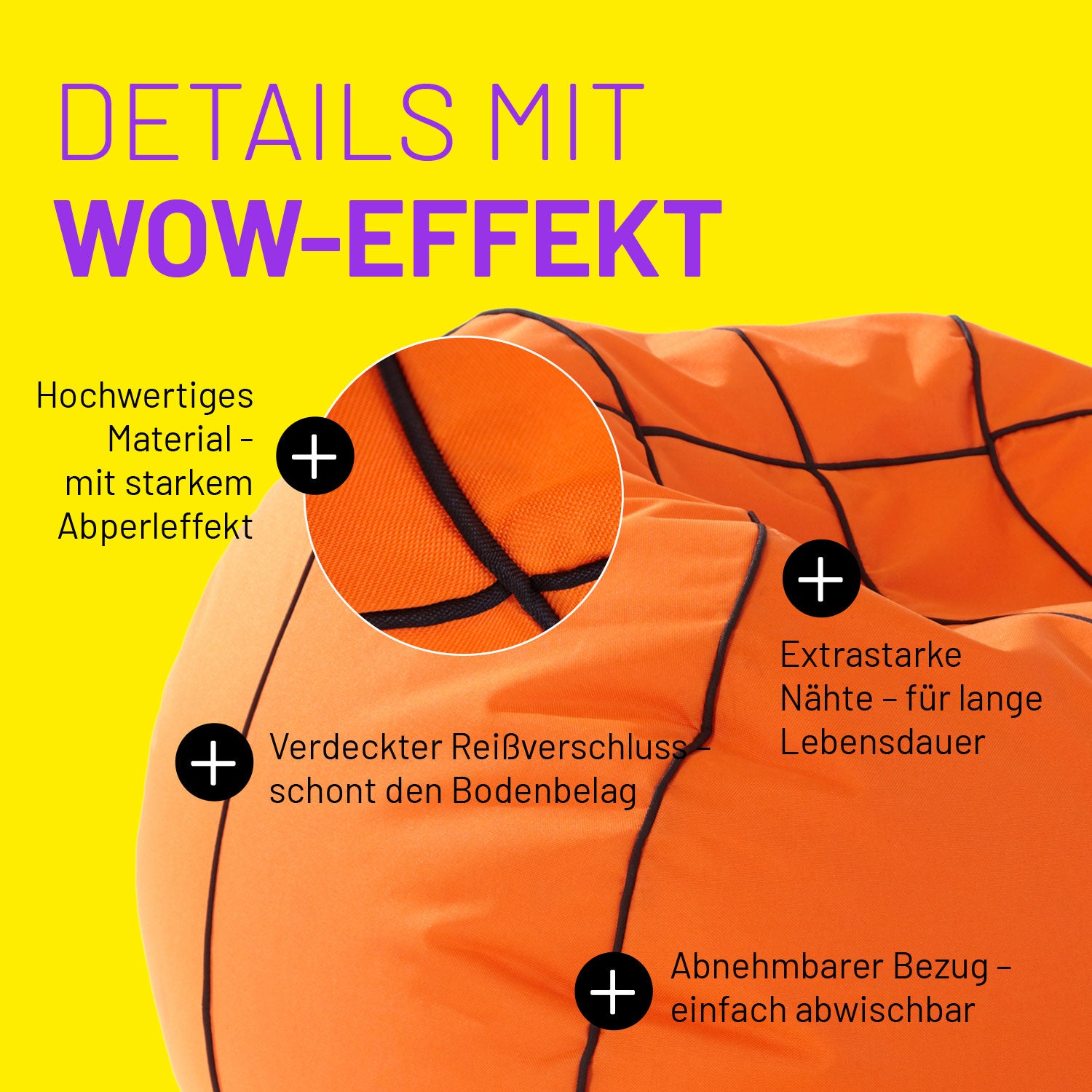 Luxury Basketball Sitzsack (170 L) mit wasserabweisendem, strapazierfähigem Bezug, verdecktem Reißverschluss und extra starken Nähten.