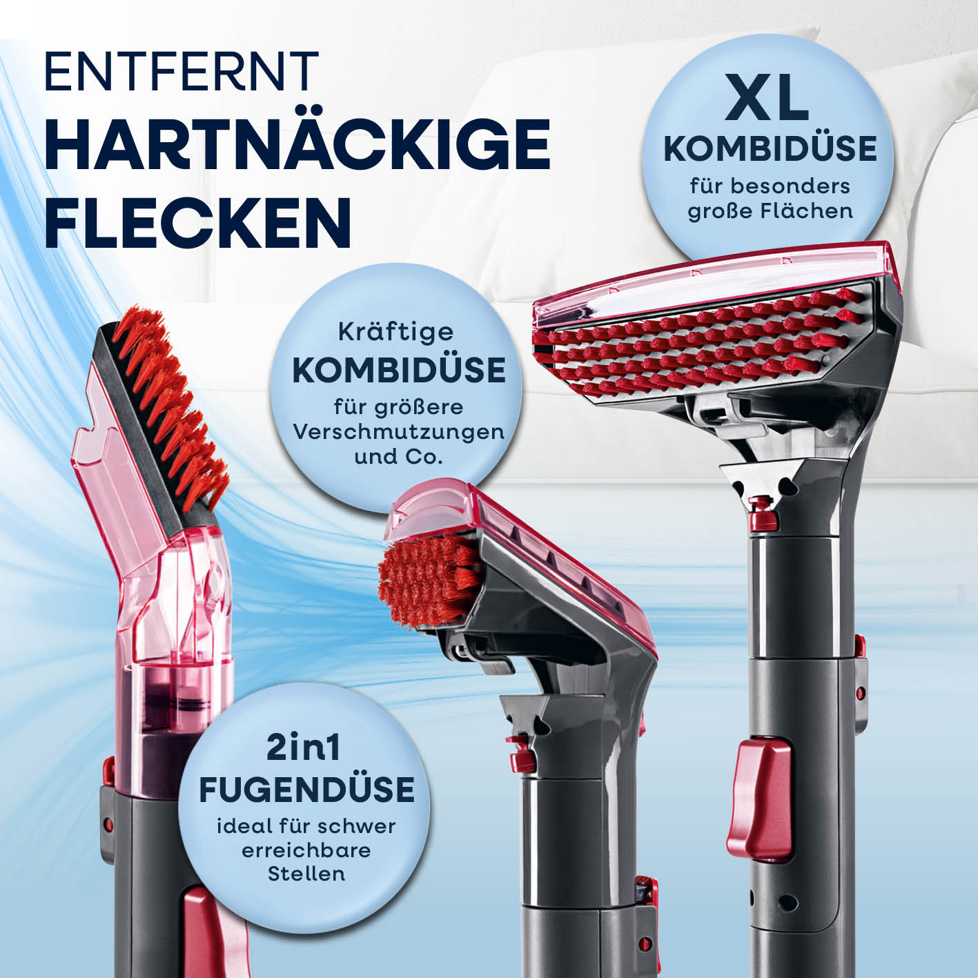 Polster- & Teppichreiniger Pro Power - Grau/Rot mit XL-Kombidüse, Kombidüse und 2in1-Fugendüse für hartnäckige Flecken.