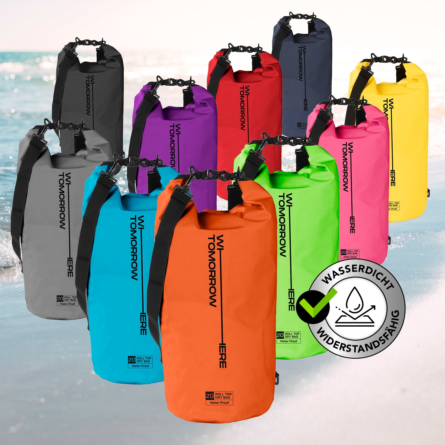 Dry Bag 20L - Style 02 - Orange, wasserdichter und robuster Outdoor-Rucksack mit UV-Schutz und verstellbarem Schultergurt.