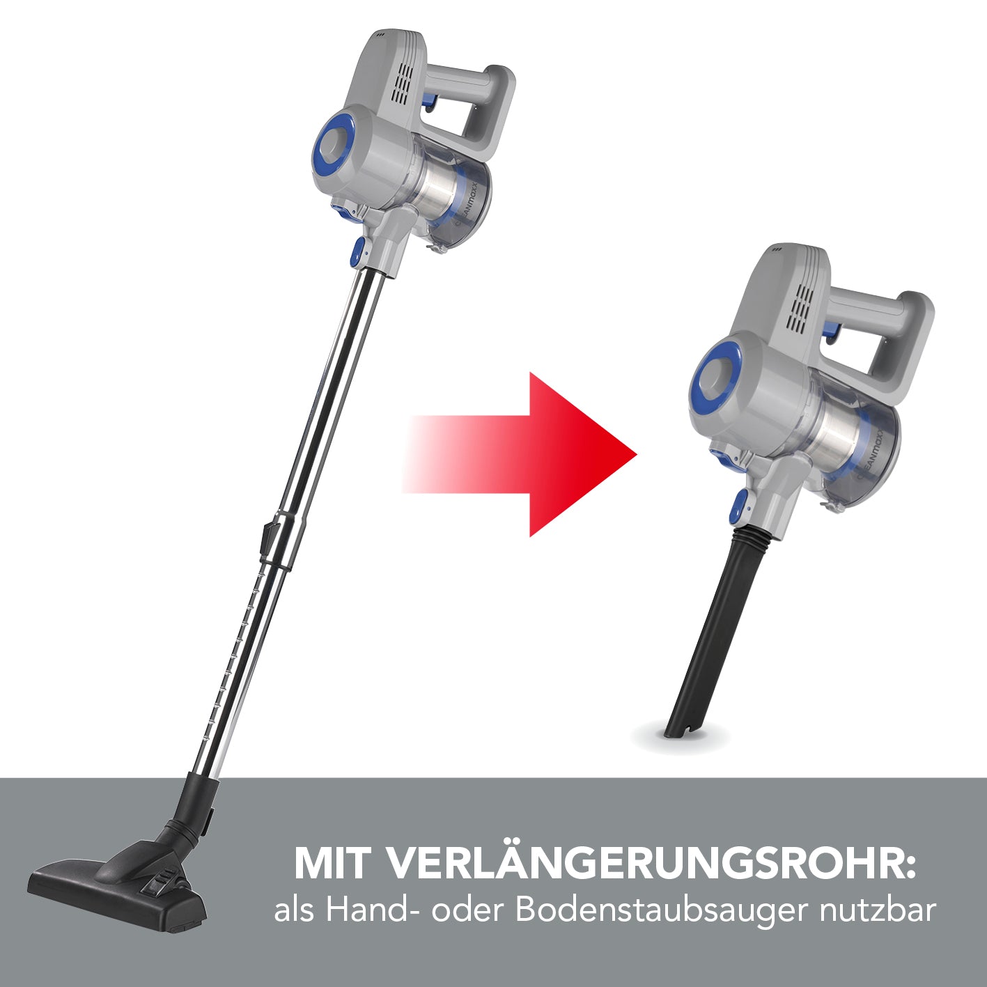 Akku-Zyklon-Staubsauger - hellgrau/blau mit verlängerbarem Teleskoprohr für Hand- und Bodenstaubsaugerfunktion, kabellos und vielseitig.