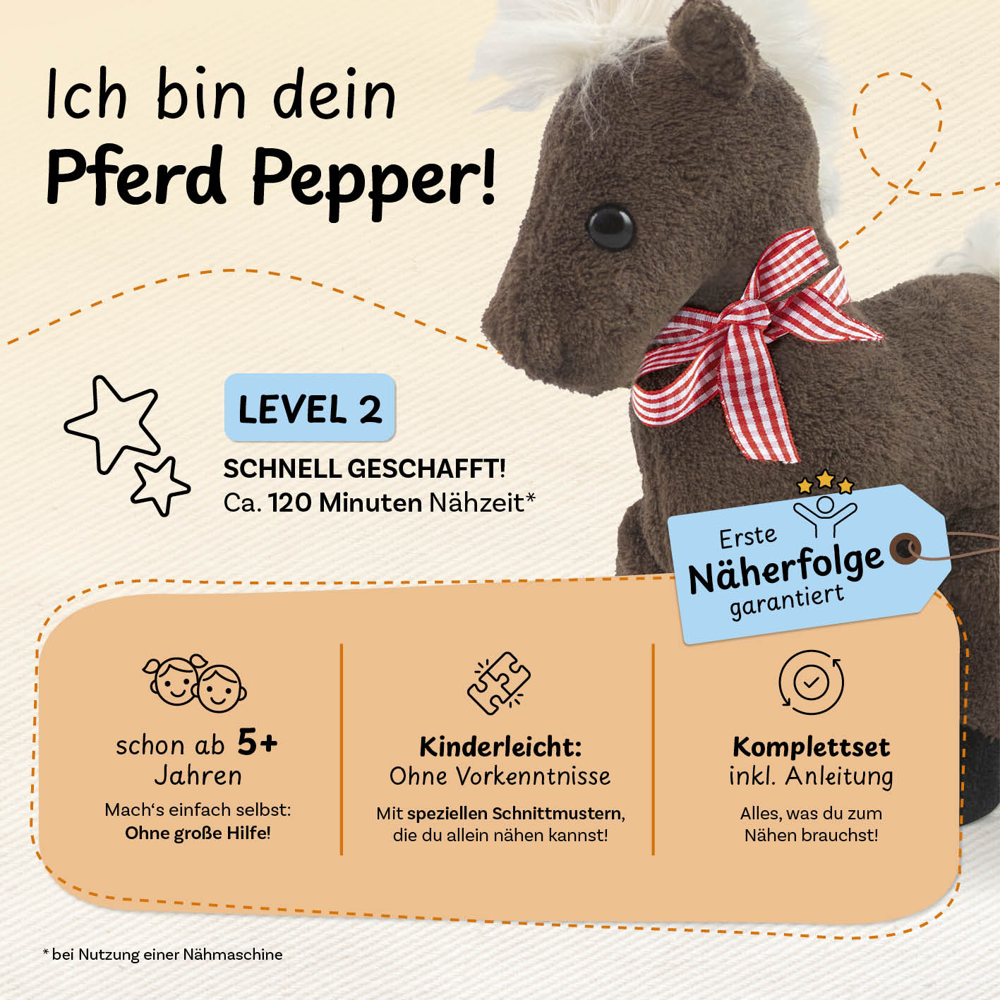 Näh-Baukastenset Motiv Pferd Pepper – Kinderleichtes Nähen ab 5 Jahren, Komplettset mit Anleitung, Level 2, ca. 120 Minuten Nähzeit.