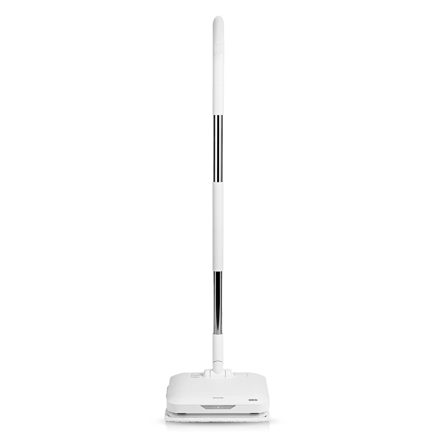 Akku-Vibrationsmopp Moonlight White Edition, kabellos, mit Sprühfunktion und LED-Beleuchtung für schonende Bodenreinigung.