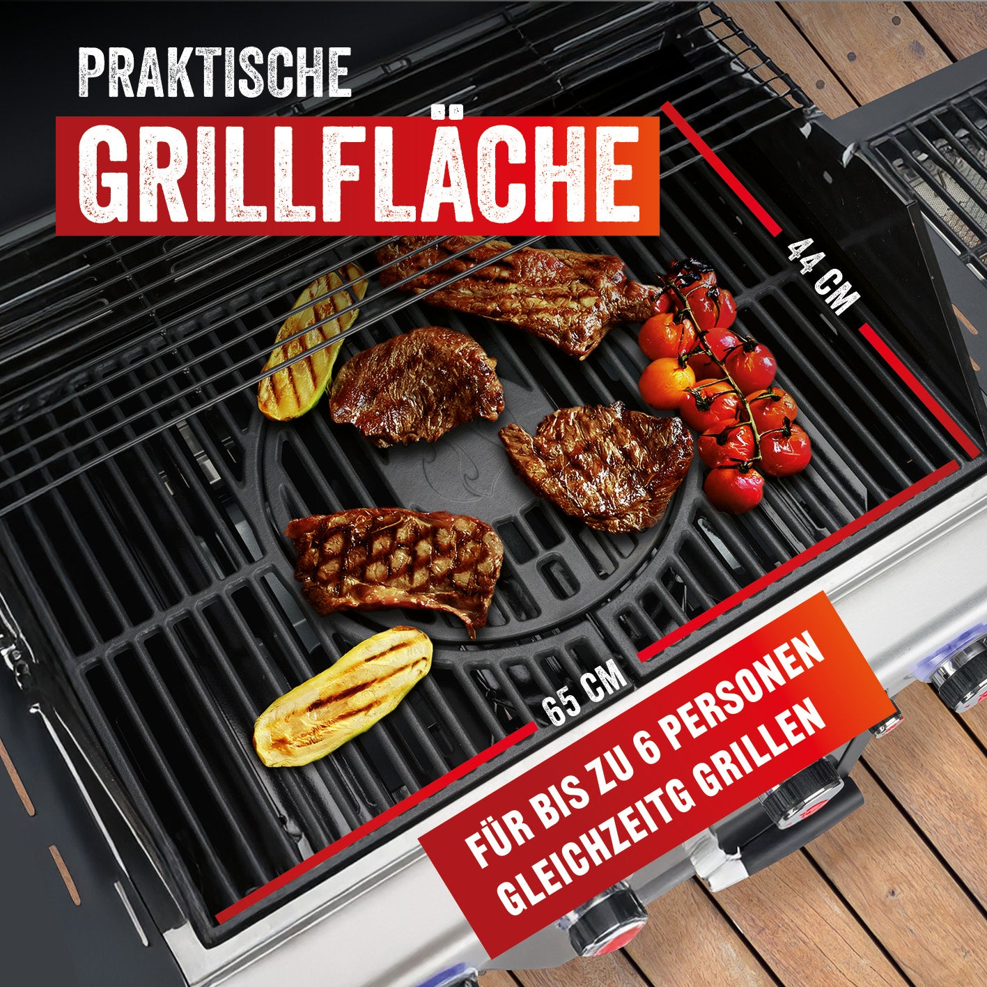 Triton 3.1 maxX Gasgrill mit Infrarotseitenbrenner zeigt praktische Grillfläche 65x44 cm für bis zu 6 Personen gleichzeitig grillen.
