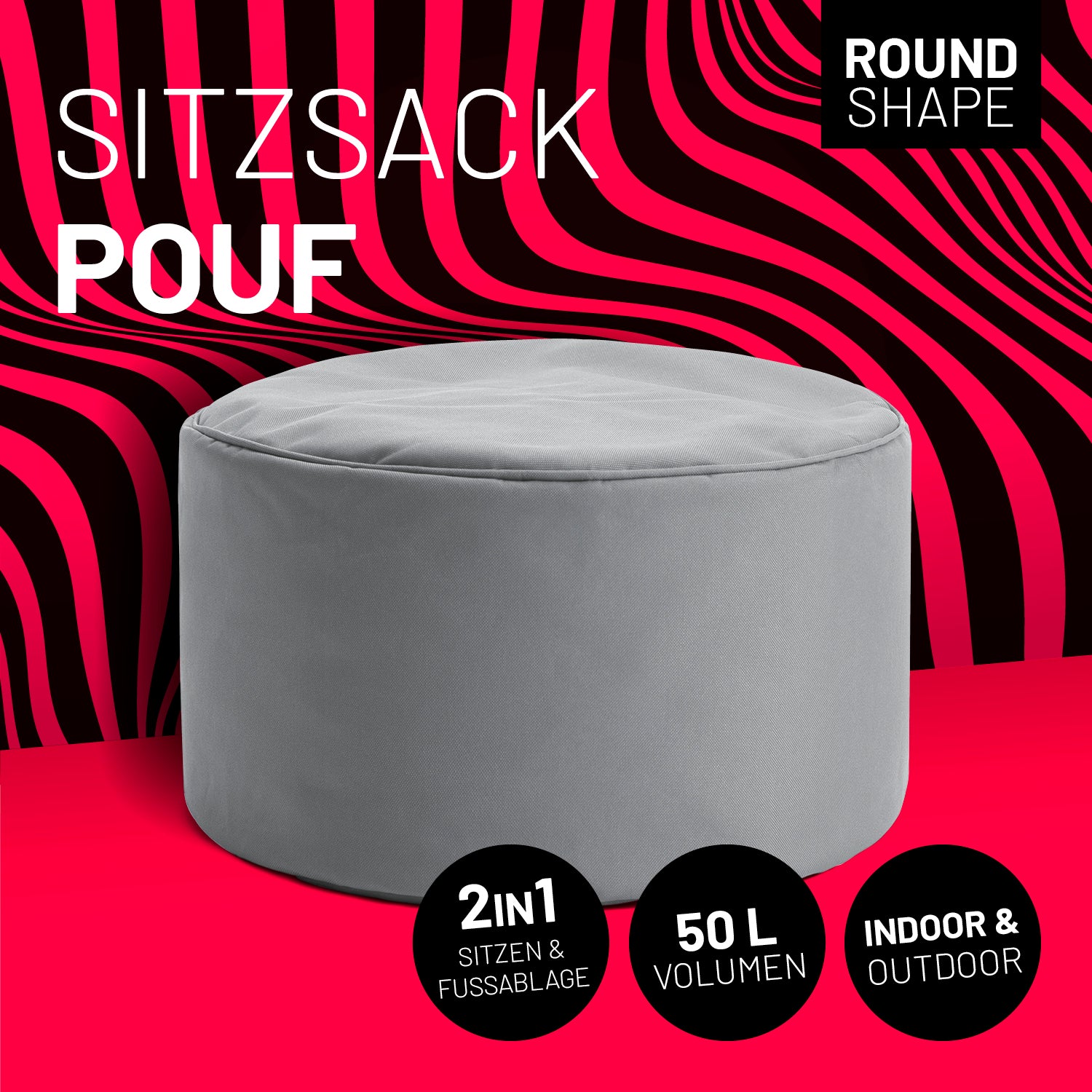 Sitzsack-Hocker/Pouf (50 L) - Grau, modern, multifunktional, für indoor & outdoor, leicht, langlebig mit verdecktem Reißverschluss.