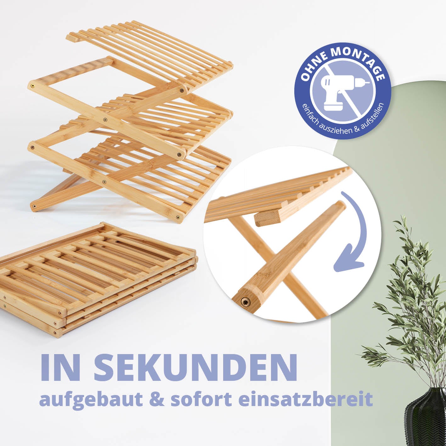 Bambusregal mit 3 Etagen, faltbar, ohne Montage, aus 100 % Bambus, platzsparend und ideal für Schuh- oder Pflanzenaufbewahrung.
