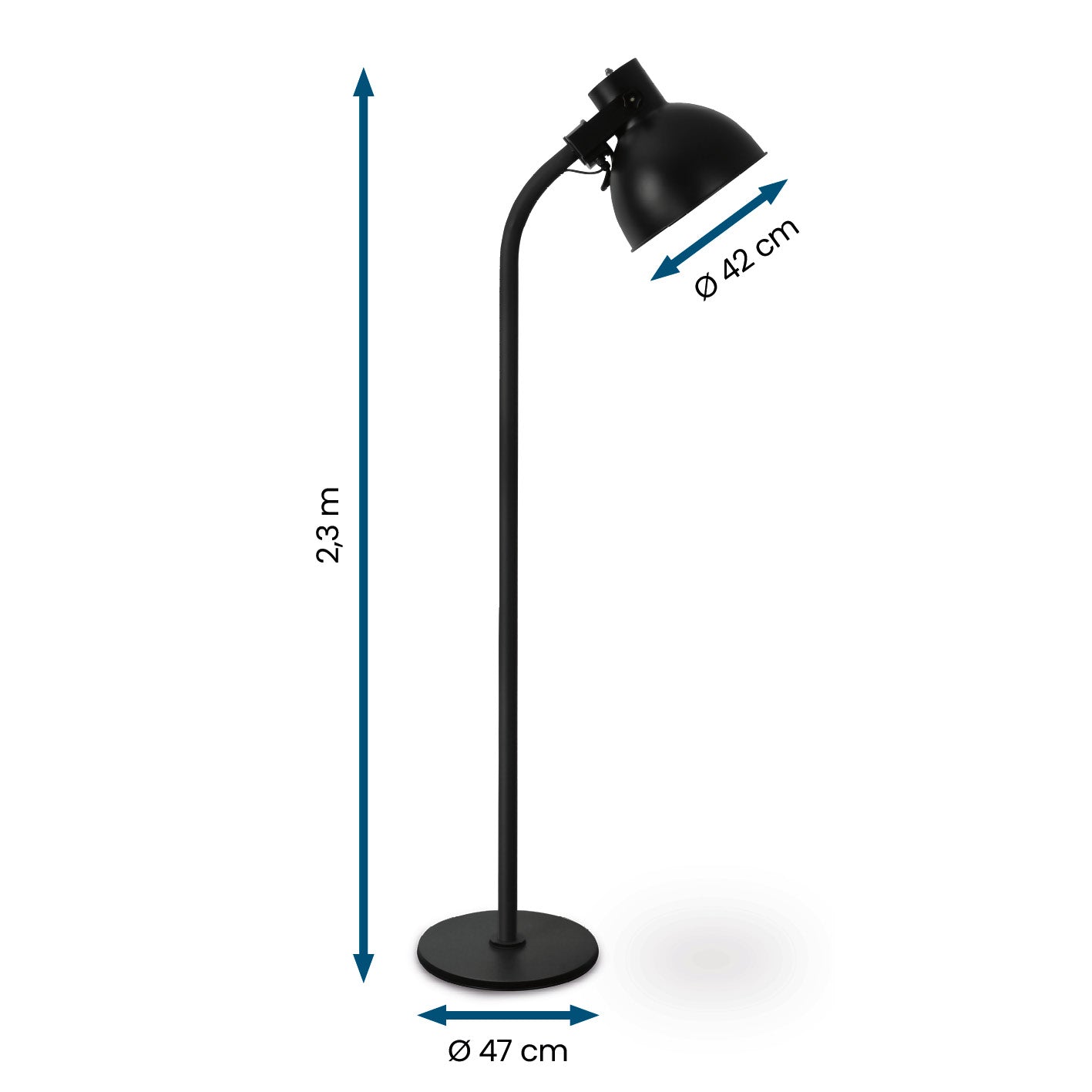 Infrarot-Heizstrahler mit Standfuß in schwarzem Lampen-Design, 2,3 m hoch, mit verstellbarem Lampenkopf und rundem Sockel.